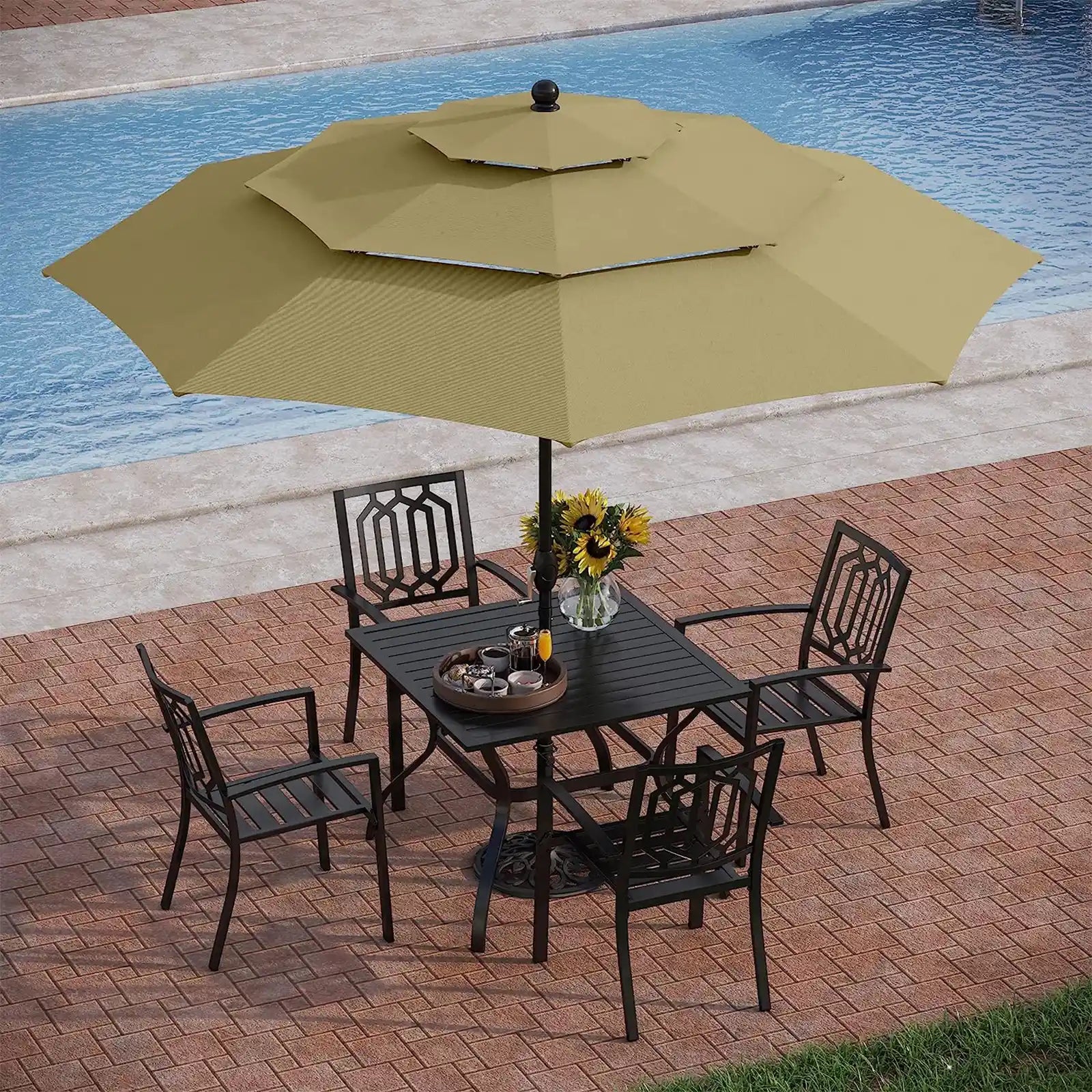 Patio Dining Set 6 pcs with Umbrella,1 Square Metal Table, 4 Metal Outdoor Stackable Chairs and 10ft 3 Tier Auto-tilt Umbrella