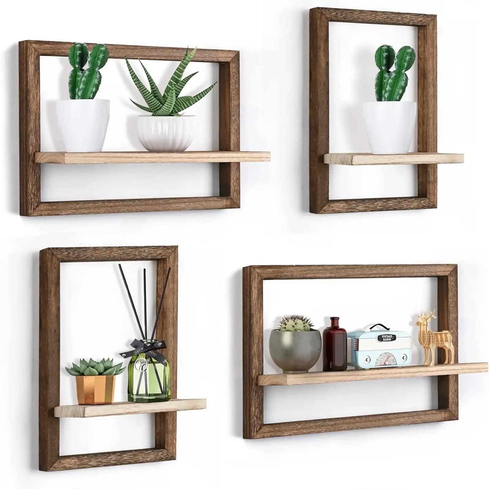 Floating Shelves for Wall, Rustic Square Floating Shelves Set of 4 Wood Wall Shelves, Hanging Shelves for Wall Decor, Wall Mounted Shelves for Bathroom, Living Room, Kitchen Storage
