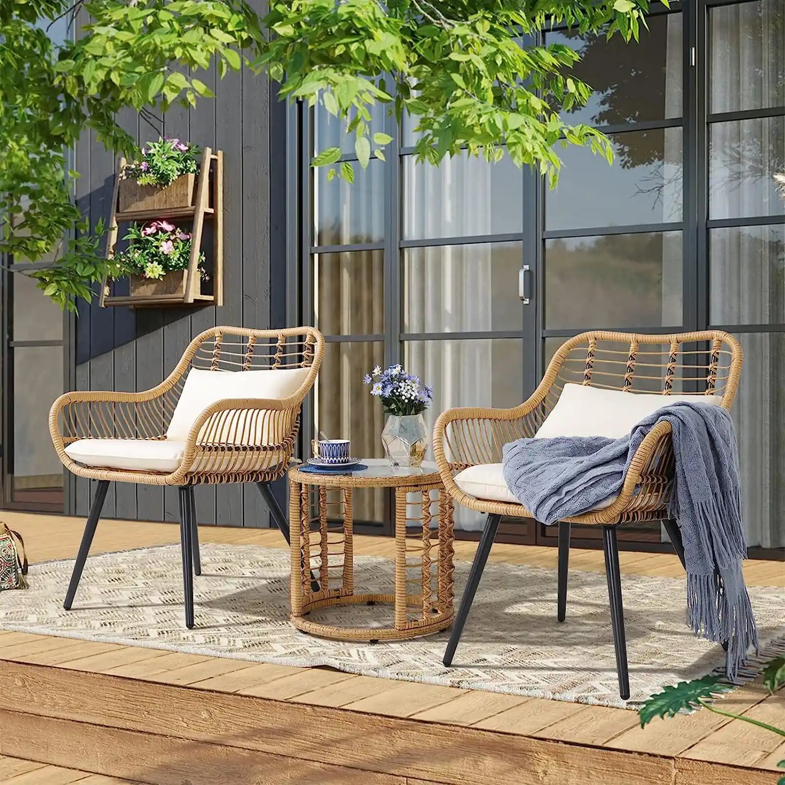 3 Piece Outdoor Wicker Furniture Bistro Set, Patio Rattan Conversation Set with Round Glass Top Coffee Side Table, Cushions for Porch, Backyard, Deck