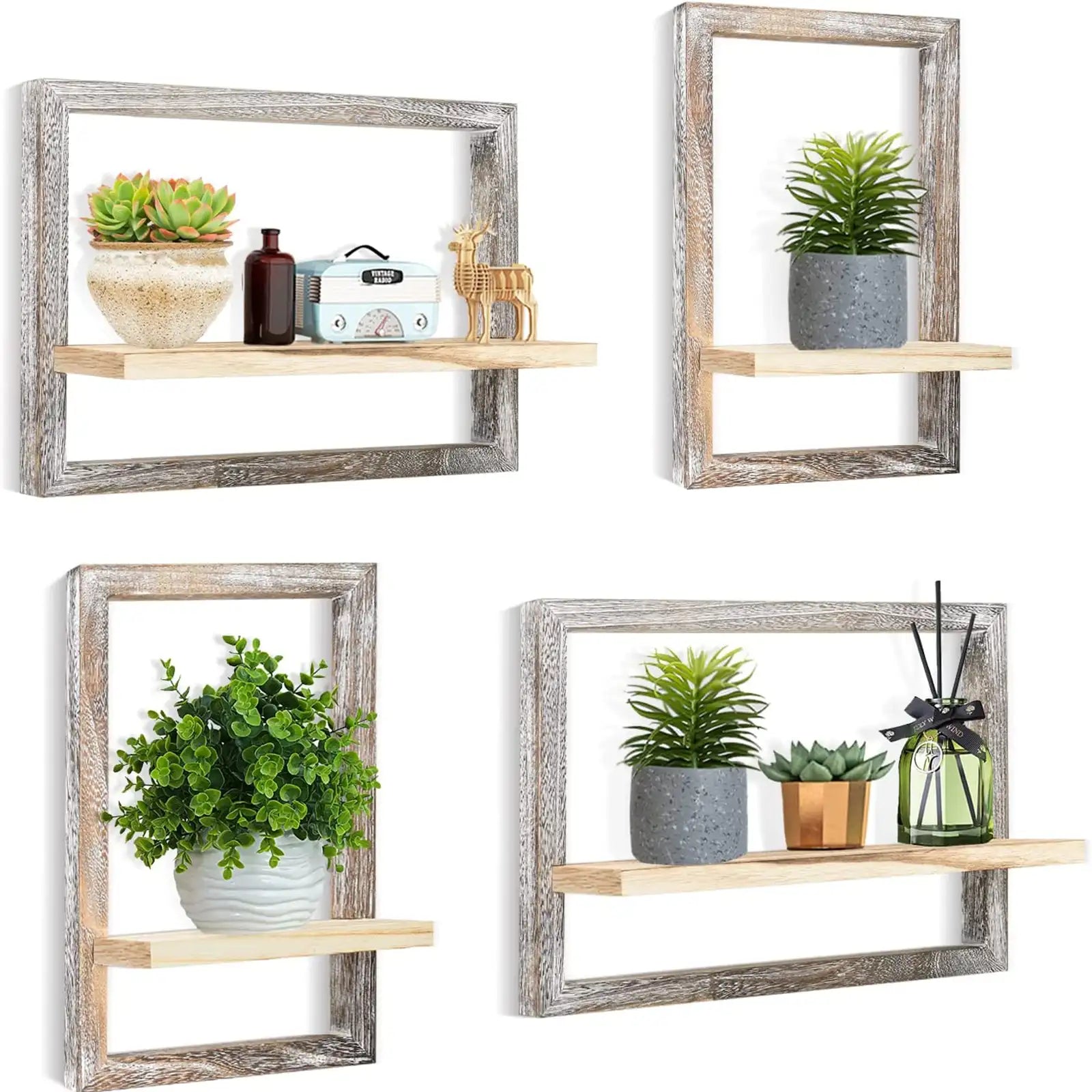 Floating Shelves for Wall, Rustic Square Floating Shelves Set of 4 Wood Wall Shelves, Hanging Shelves for Wall Decor, Wall Mounted Shelves for Bathroom, Living Room, Kitchen Storage