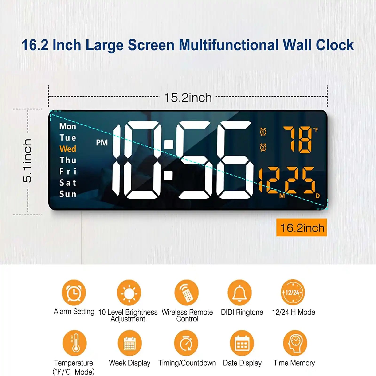 Reloj de pared digital con pantalla grande, relojes de pared grandes de 16 pulgadas con control remoto para sala de estar, gimnasio, tienda, almacén, oficina, decoración de garaje, atenuador de brillo automático Reloj de pared con fecha semana temperatura 