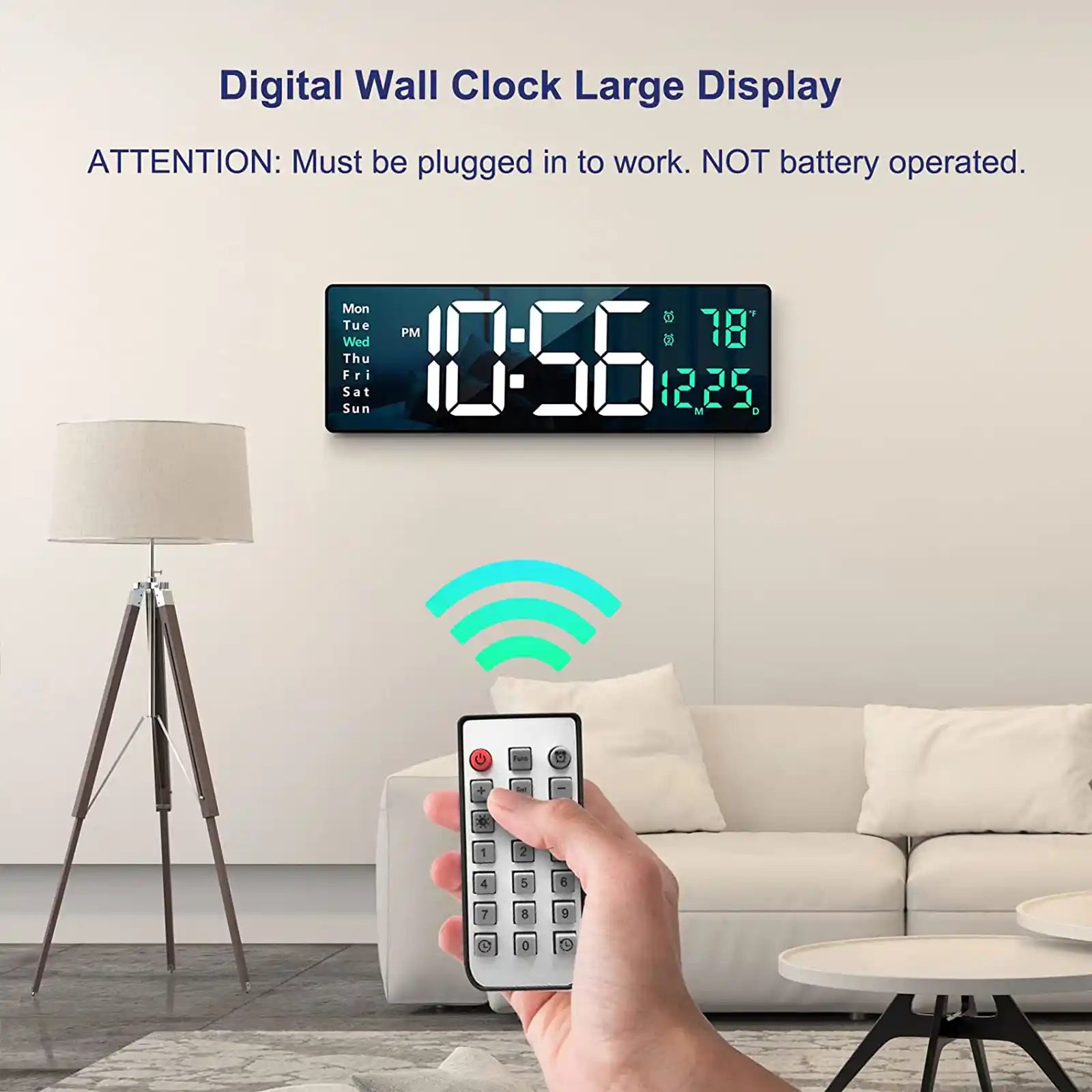 Reloj de pared digital con pantalla grande, relojes de pared grandes de 16 pulgadas con control remoto para sala de estar, gimnasio, tienda, almacén, oficina, decoración de garaje, atenuador de brillo automático Reloj de pared con fecha semana temperatura 