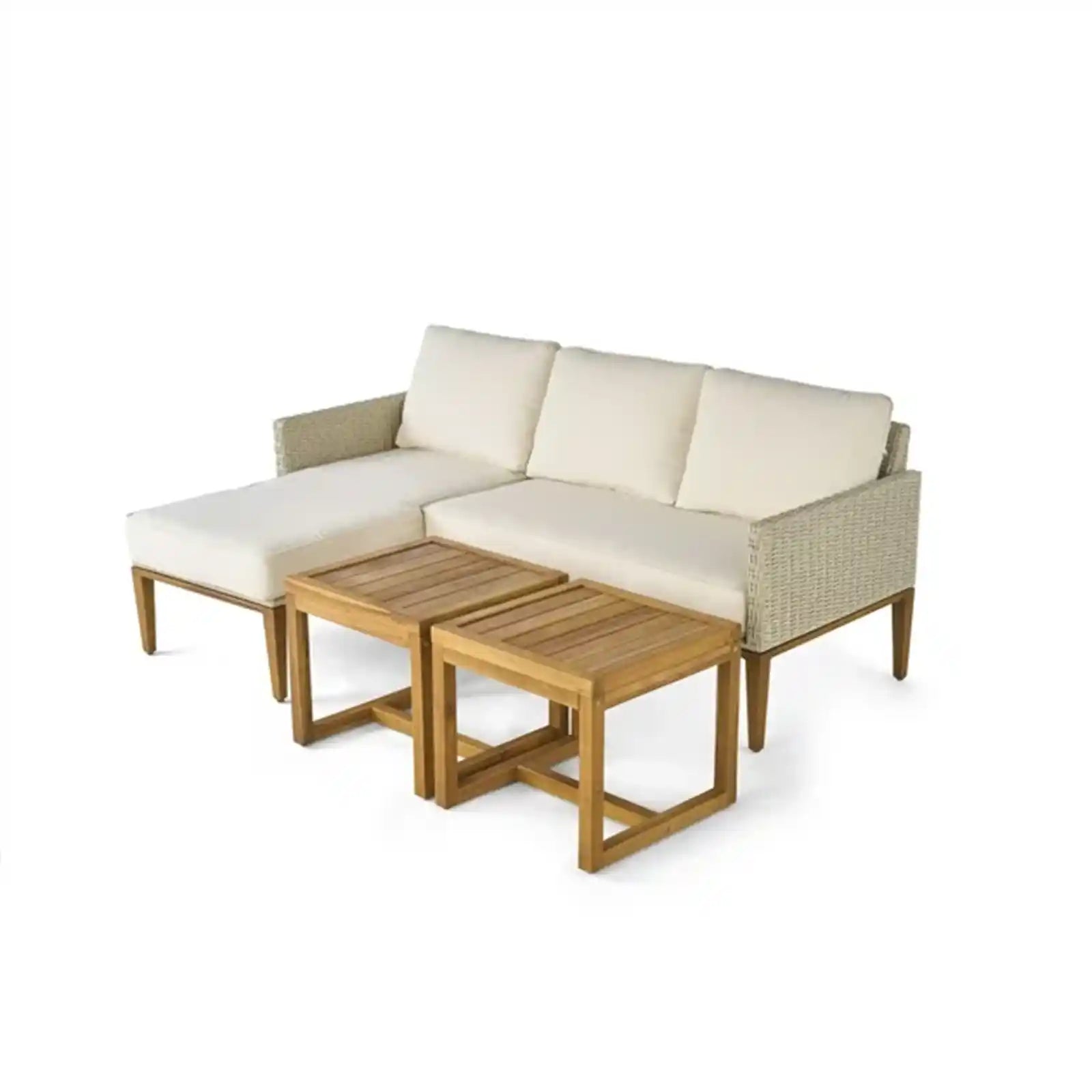 Sofa Lounger with Two Acacia Wood Table with Cushions - White Color