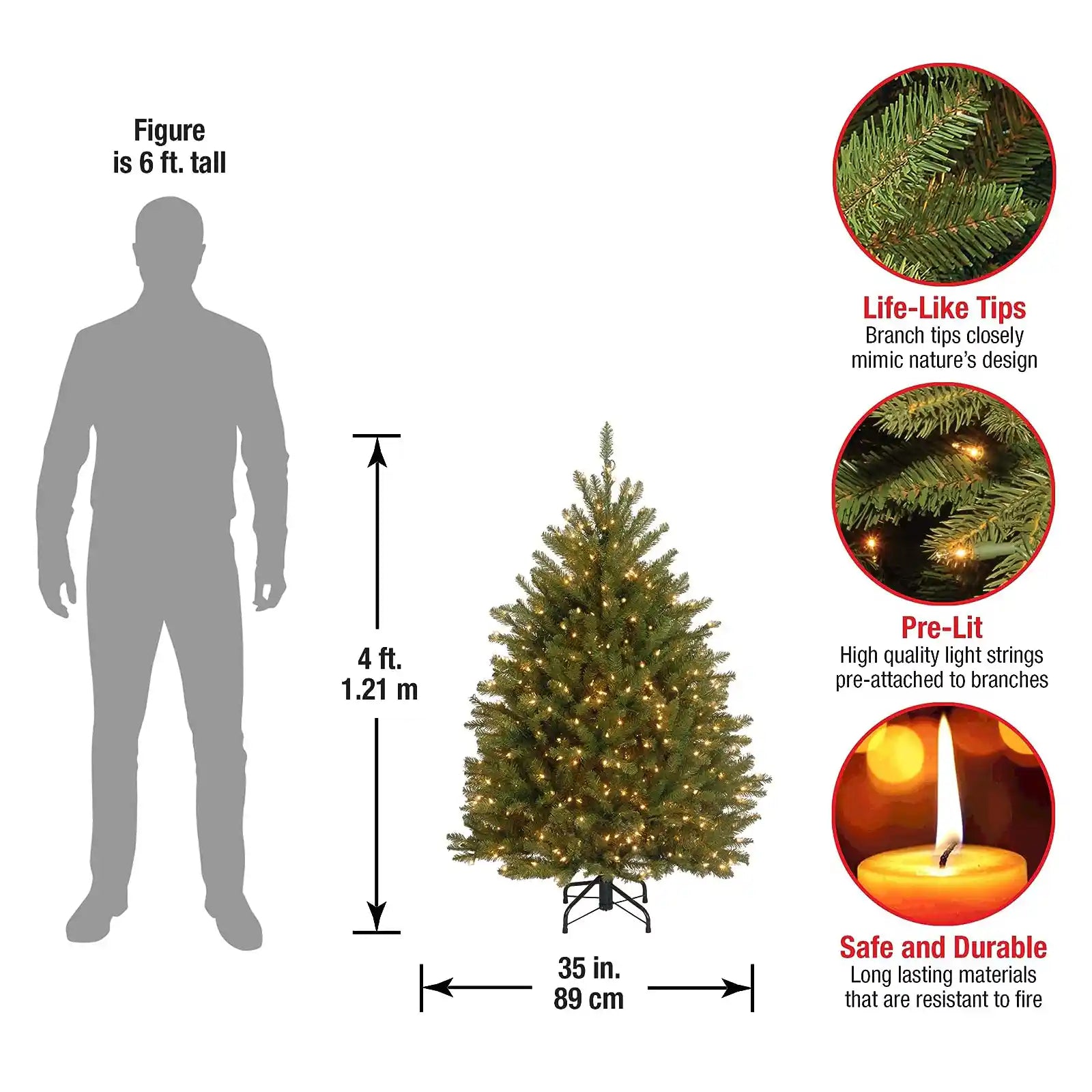 Pre-Lit Artificial Mini Christmas Tree, Green, Dunhill Fir, White Lights, Includes Stand, 4 Feet