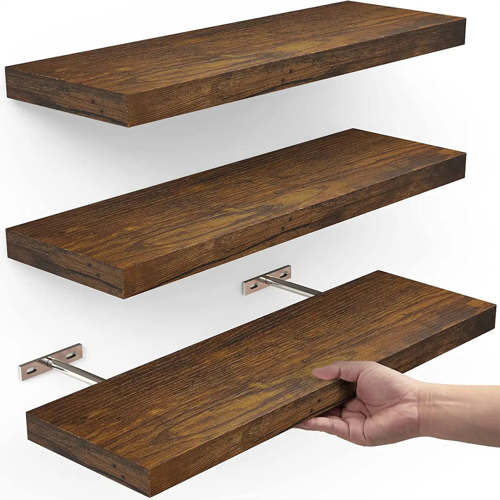 Floating Shelves, Wall Mounted Rustic Wood Shelves for Bathroom, Bedroom, Living Room, Kitchen, Small Hanging Shelf for Books/Storage/Room Decor with 22lbs Capacity (Set of 3, 16in)