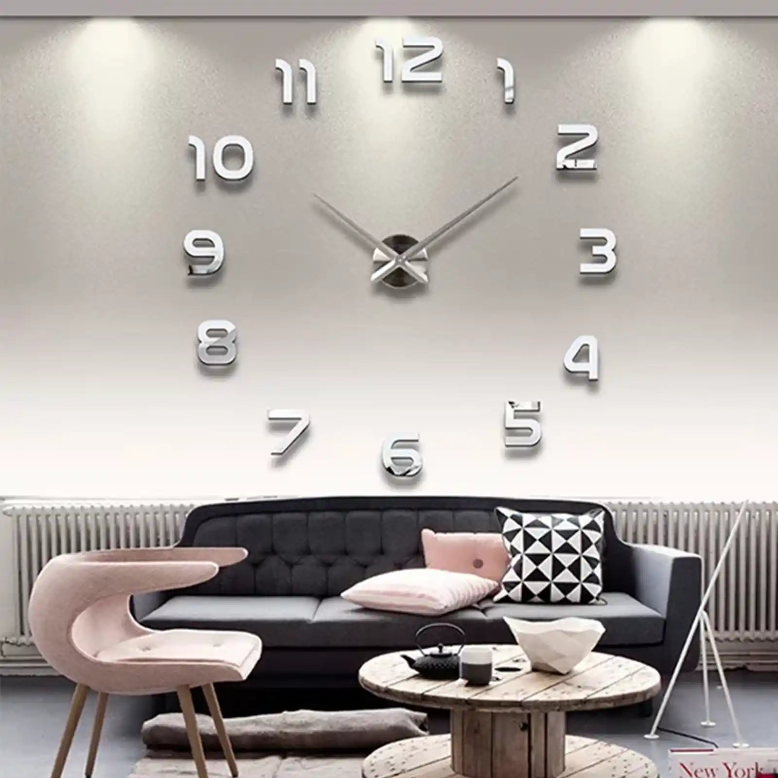 Large Number Wall Clock 3D Mirror Sticker Modern Home Office Decor Art Decal Silver