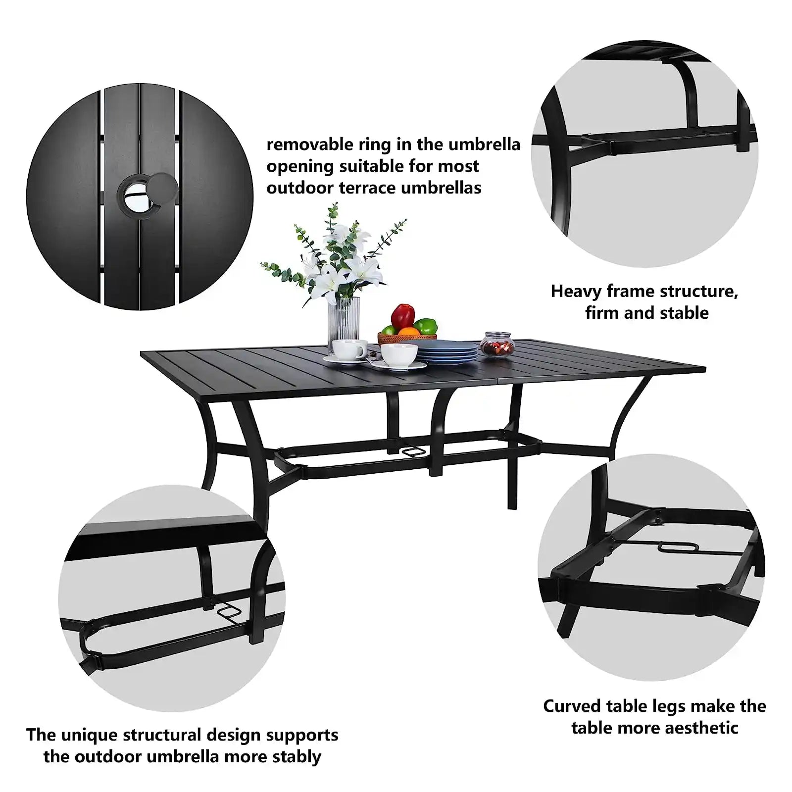 Outdoor Table 63" Patio Metal Steel Classic Rectangle Black Dining Table