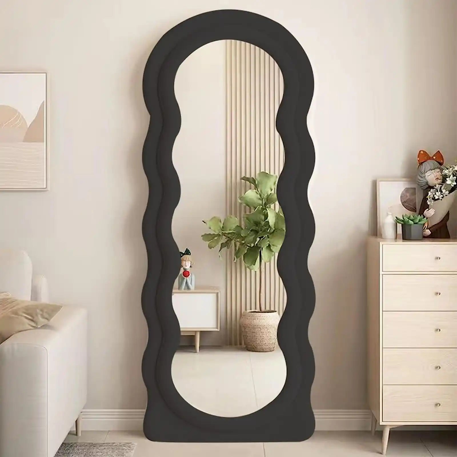 Full Length Mirror 63"x24", Irregular Wavy Mirror, Wave Floor Mirror, Wall Mounted Mirror Standing or Leaning Against Wall for Bedroom Living Room, Flannel Wrapped Wooden Frame Mirror-Black