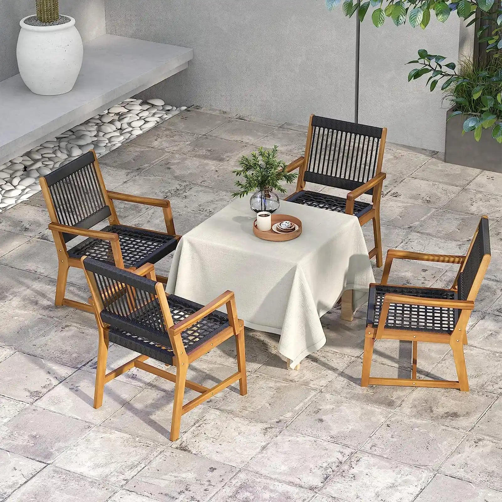 Juego de 4 sillas de comedor de madera de acacia para exteriores, sillas de patio tejidas con cuerda para todo tipo de clima, con reposabrazos, sillones de exterior para patio, césped, jardín, patio trasero 