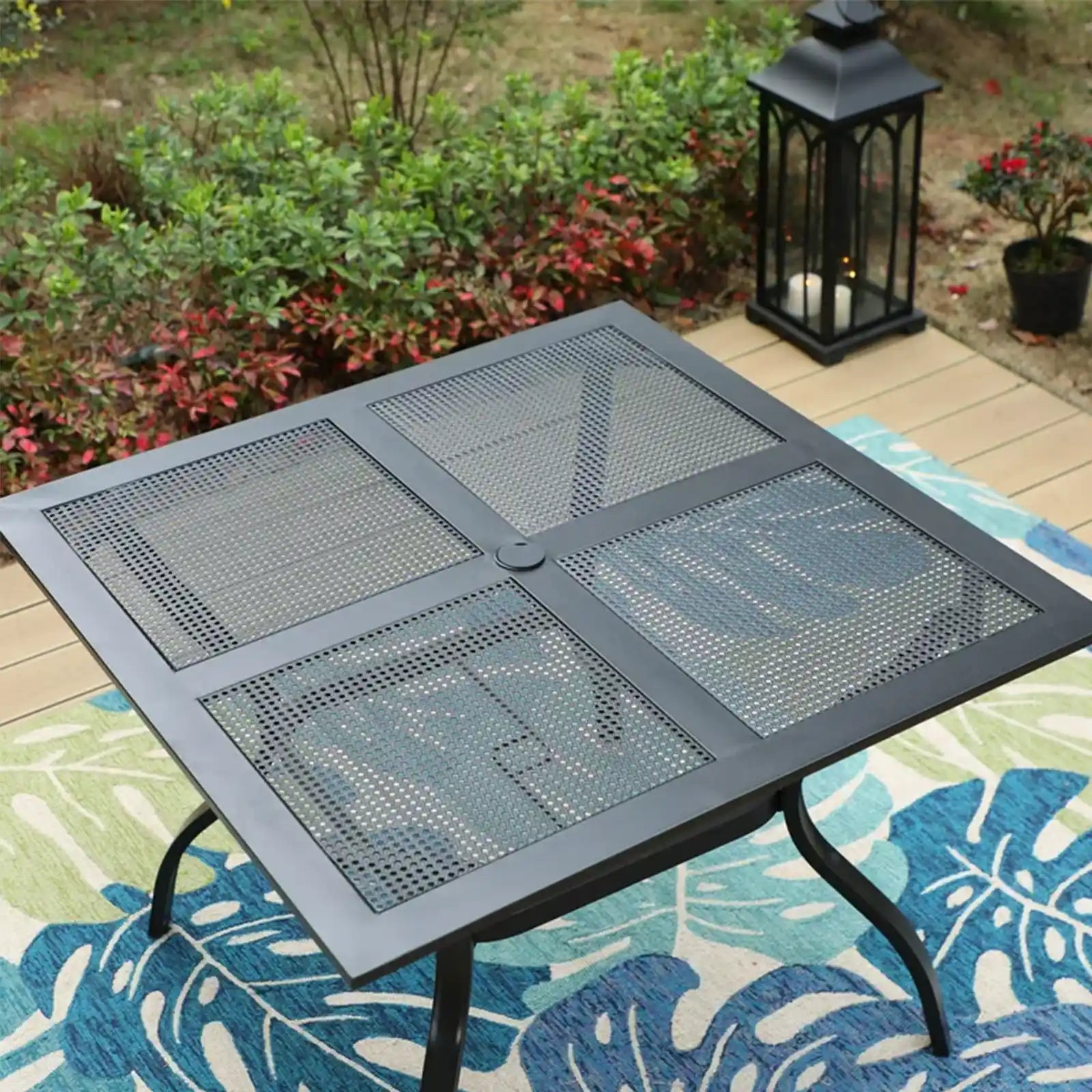 Mesa de comedor cuadrada de metal para exterior con orificio para sombrilla, negro 