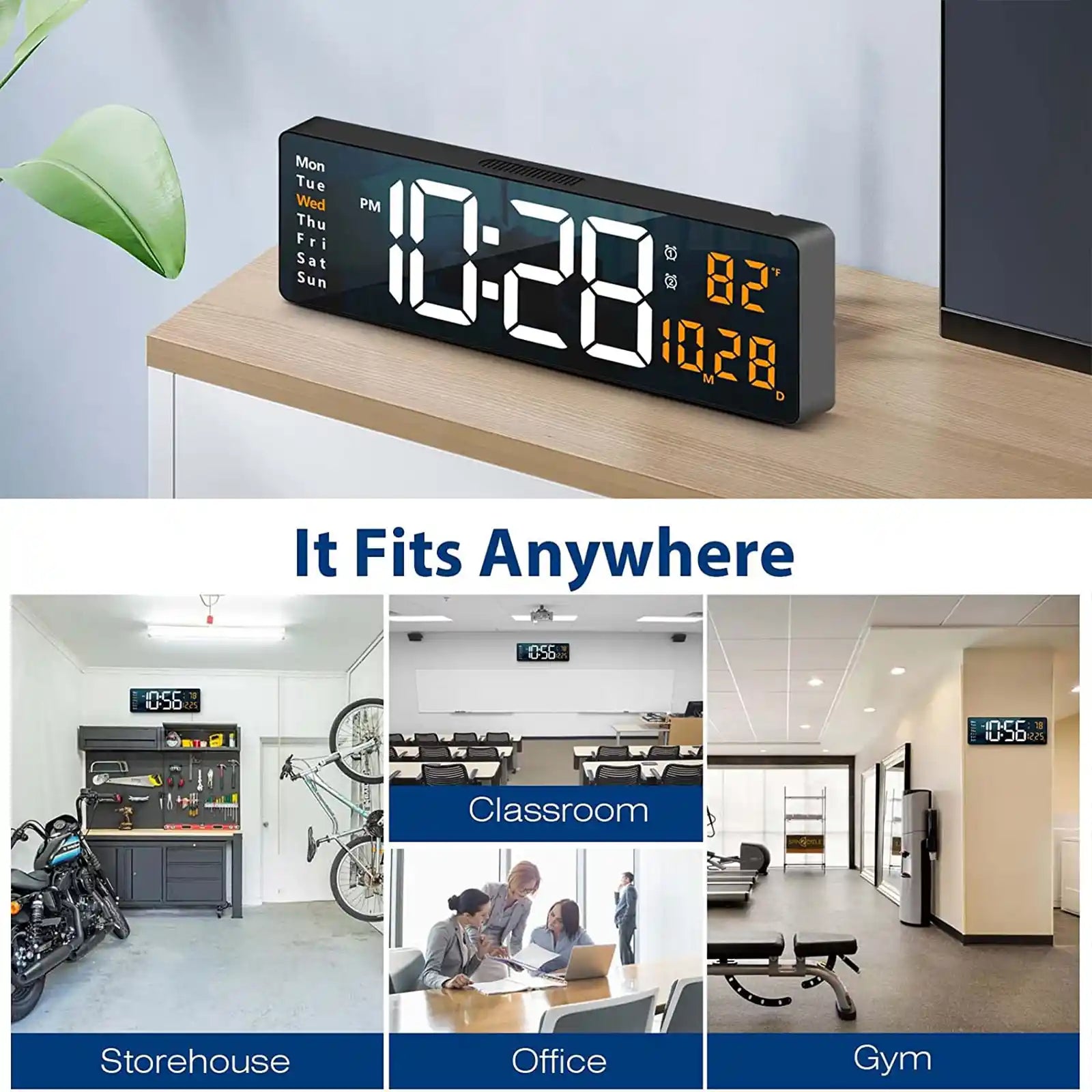 Reloj de pared digital con pantalla grande, relojes de pared grandes de 16 pulgadas con control remoto para sala de estar, gimnasio, tienda, almacén, oficina, decoración de garaje, atenuador de brillo automático Reloj de pared con fecha semana temperatura 