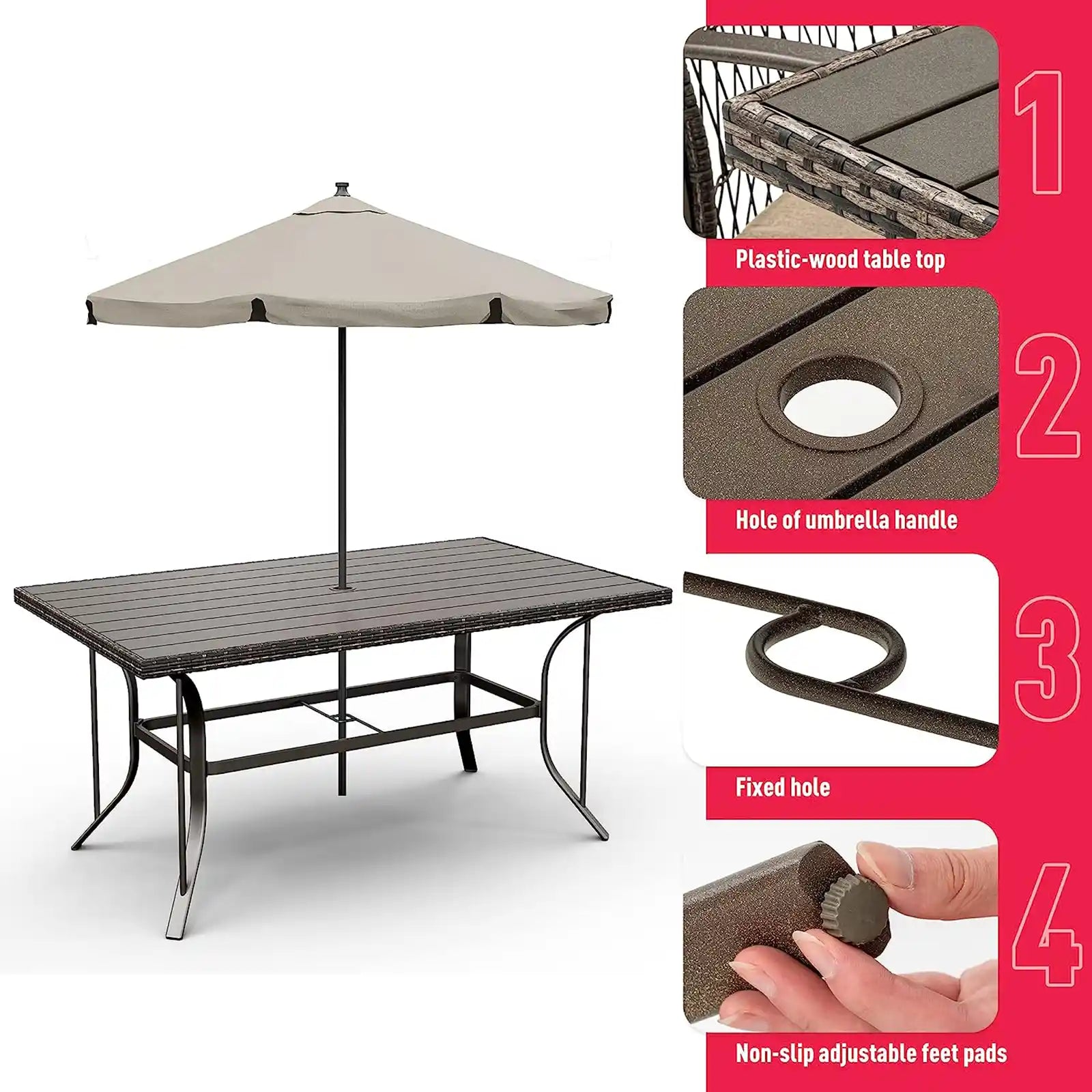 Patio Dining Table Set 5 Piece, Garden Dining Set, Outdoor Wicker Furniture Set with Square Plastic-Wood Table Top and Washable Cushions for Patio Garden Poolside
