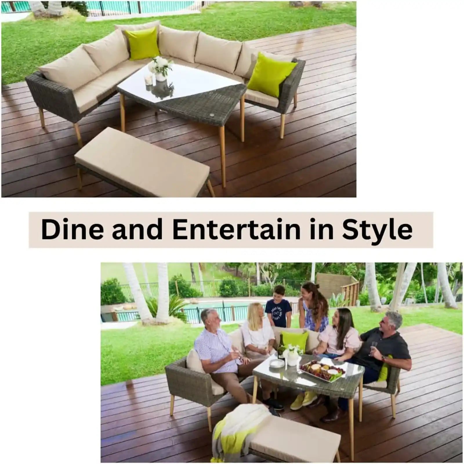 Outdoor Sectional with Dining Table, Patio Furniture Set, Tempered Glass Table Top, Rattan Outdoors Conversation Sets for Balcony, Garden Lawn, Sunroom, Modern Wicker Porch Sofa Table