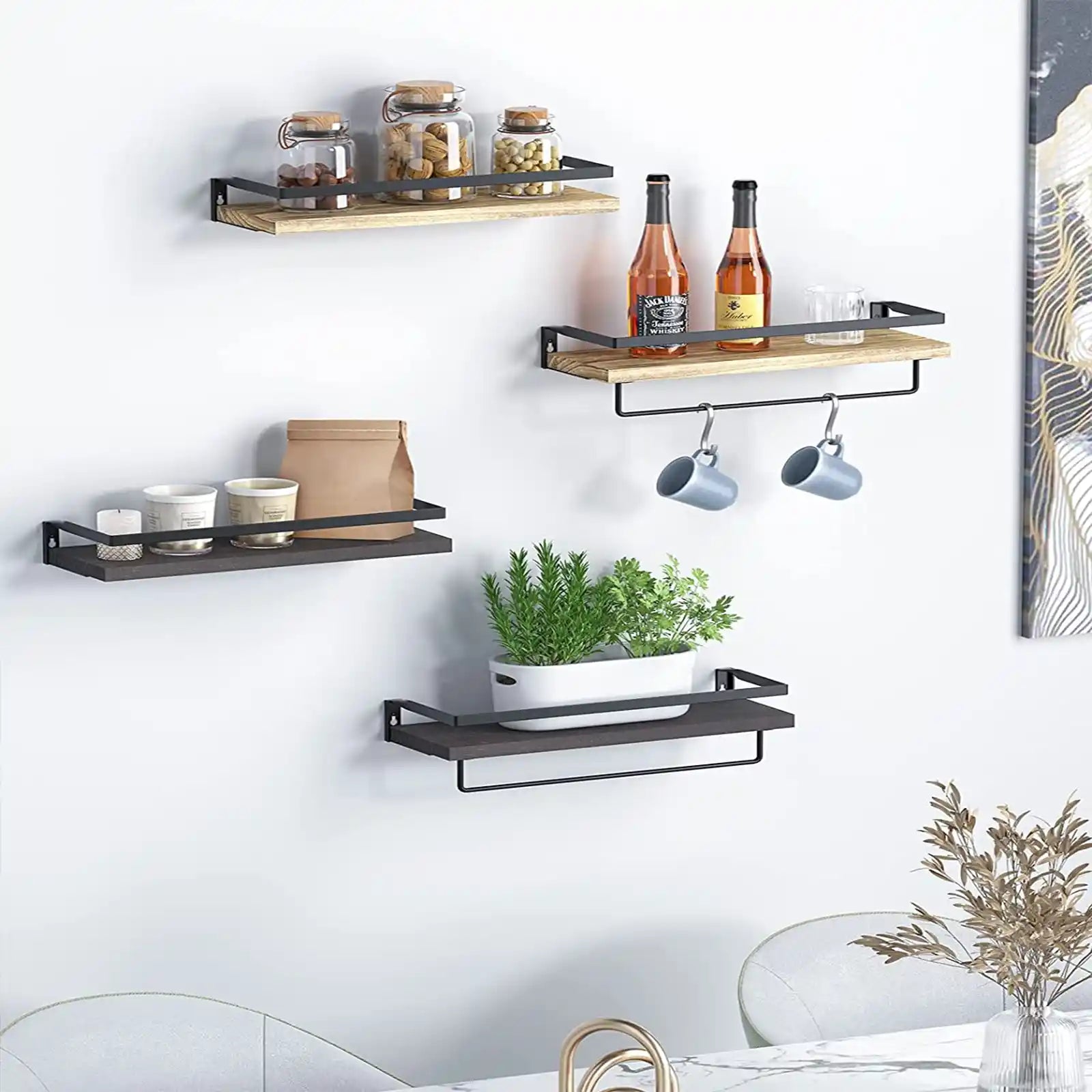 Floating Shelves Wall Mounted, Wall Shelves for Bathroom, Kitchen, Bedroom, Storage Shelf with Towel Bar, Set of 2