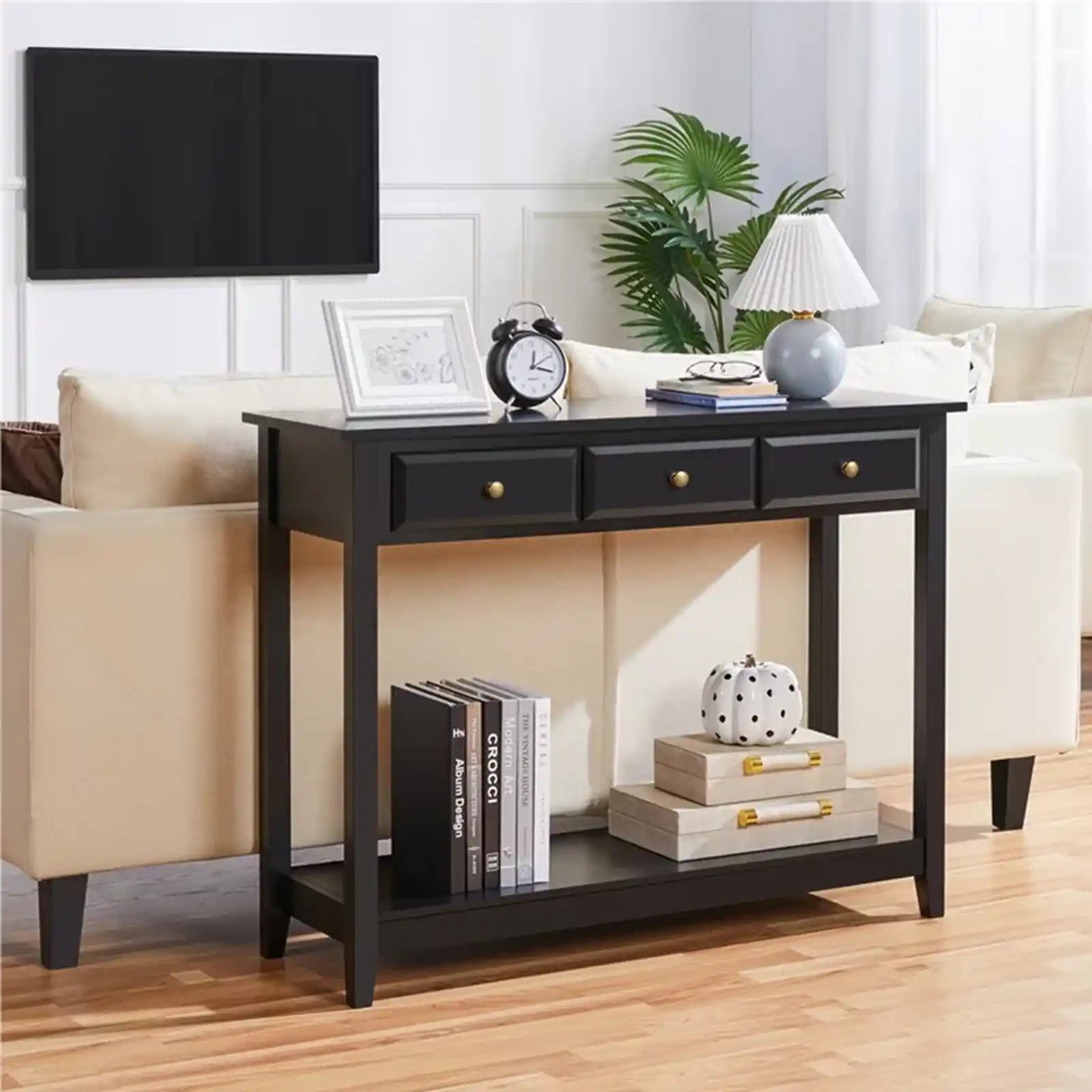 Modern Farmhouse Entryway Console Accent Table in Warm Oak with Faux Concrete Finished Wood Top