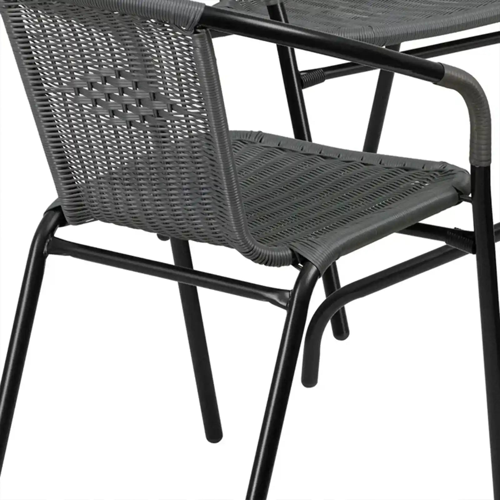 Square Glass Metal Table with Rattan Edging and 4 Rattan Stack Chairs