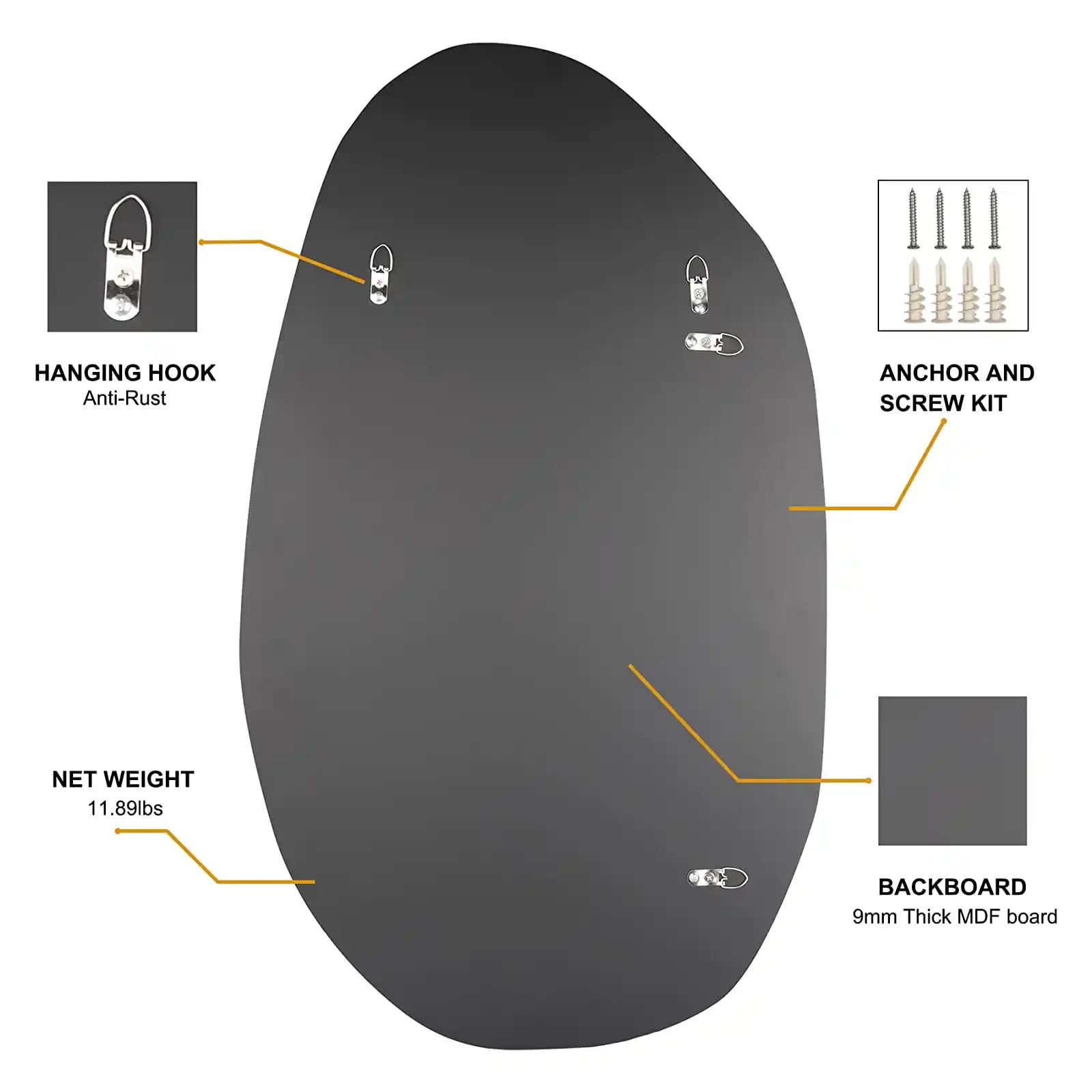 Irregular Wall Mirror Frameless Asymmetrical Accent Mirror for Living Room Entryway Bedroom, 19.5" x 33.5"