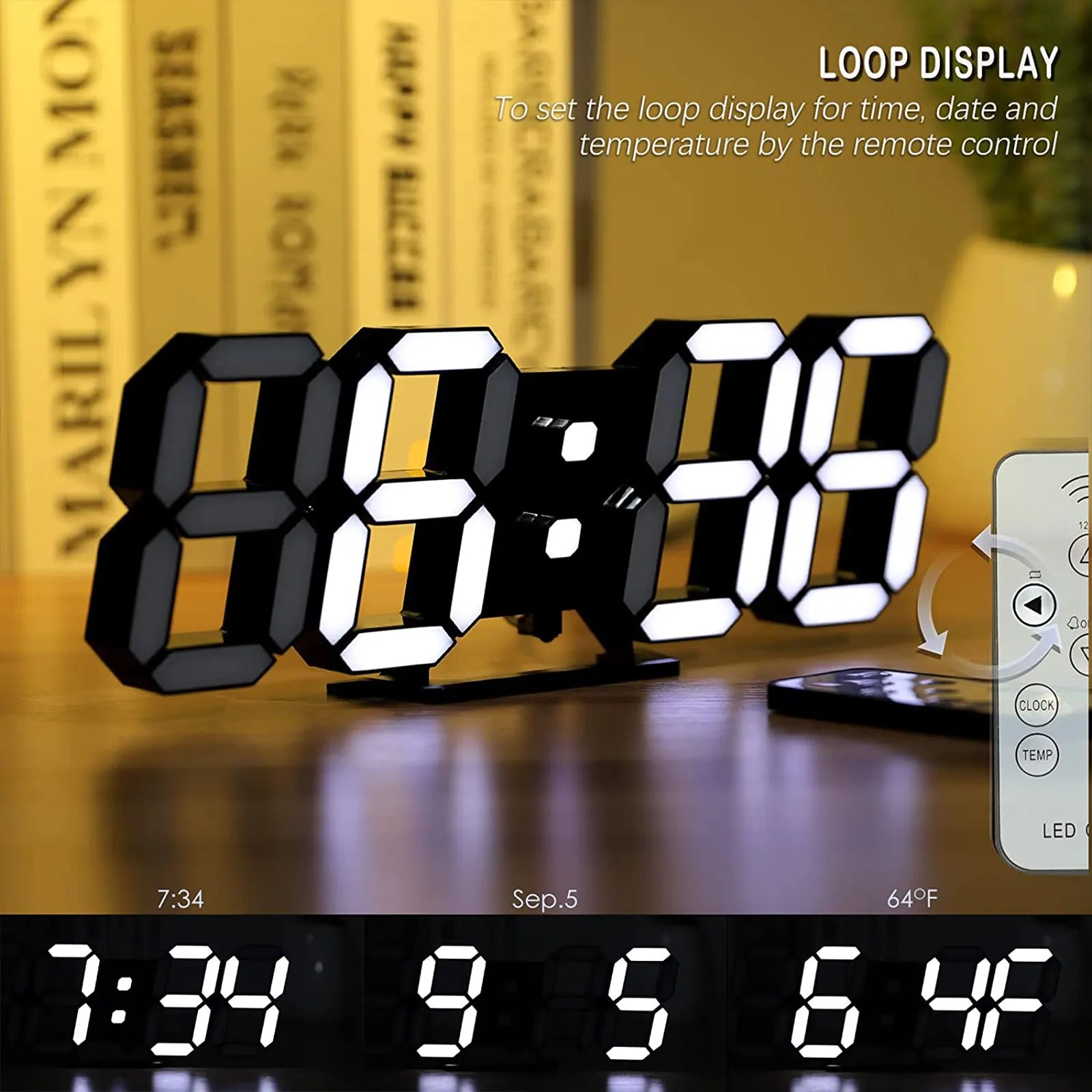 Digital Clock 3D LED Wall Clock 9.7" Bedside Clock for Bedroom Living Room Office Classroom Night Light Auto/Custom Brightness, Temperature, Remote Control