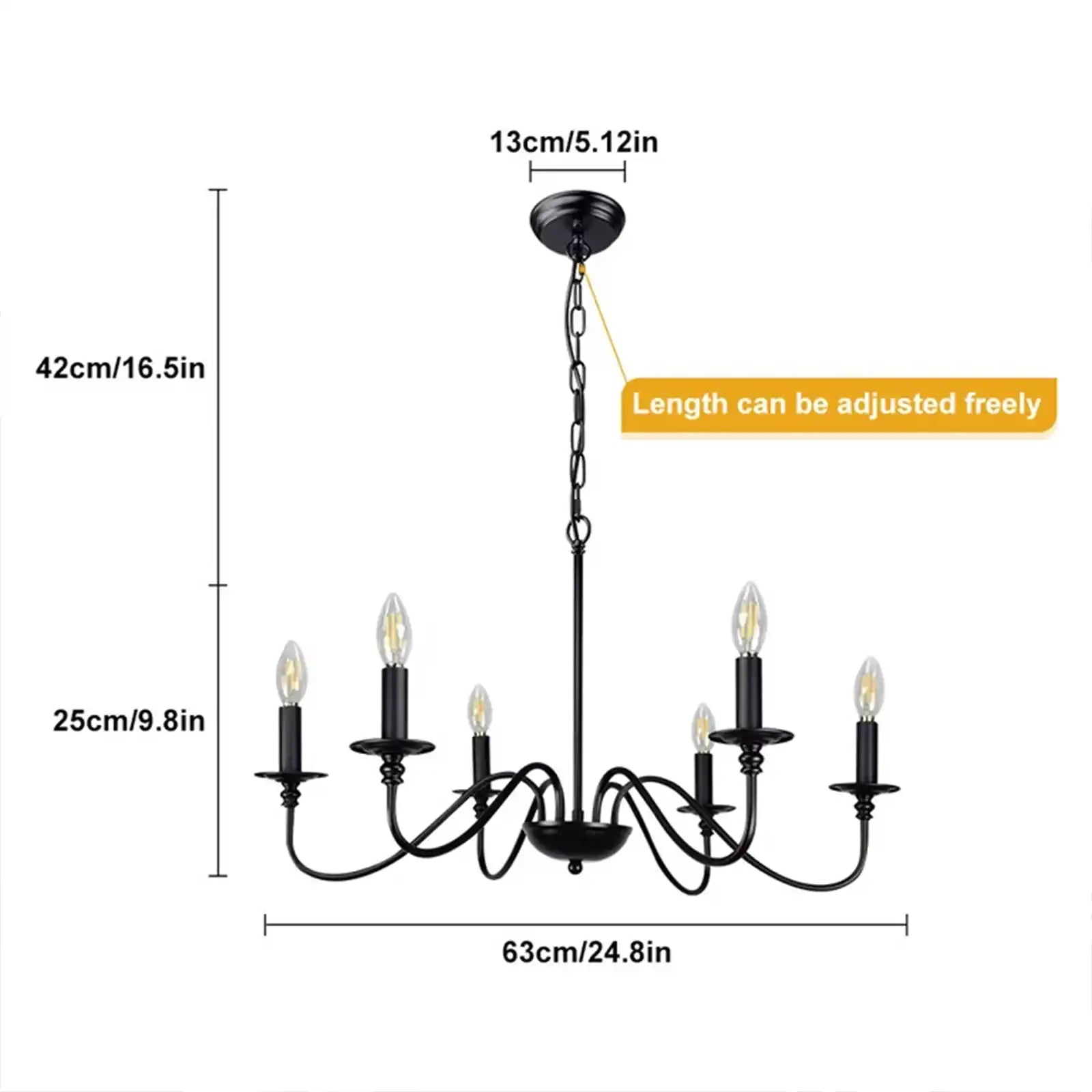 Lámpara de araña de 6 luces, iluminación de araña de hierro industrial, lámpara colgante de techo de vela clásica para vestíbulo, sala de estar, isla de cocina, comedor, dormitorio, negro 