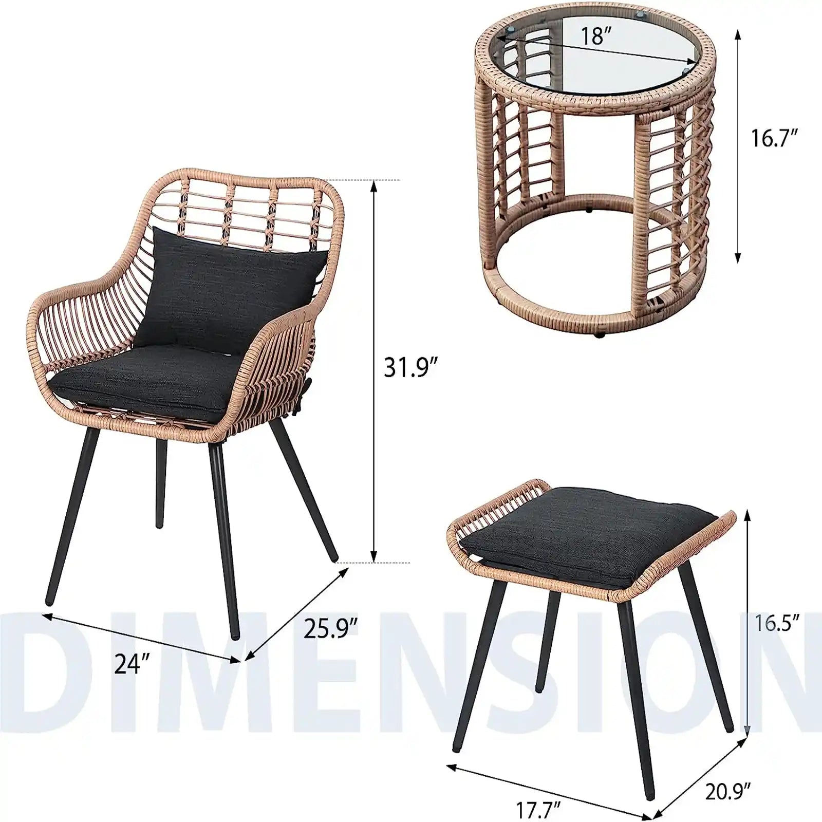 3 Piece Outdoor Wicker Furniture Bistro Set, Patio Rattan Conversation Set with Round Glass Top Coffee Side Table, Cushions for Porch, Backyard, Deck