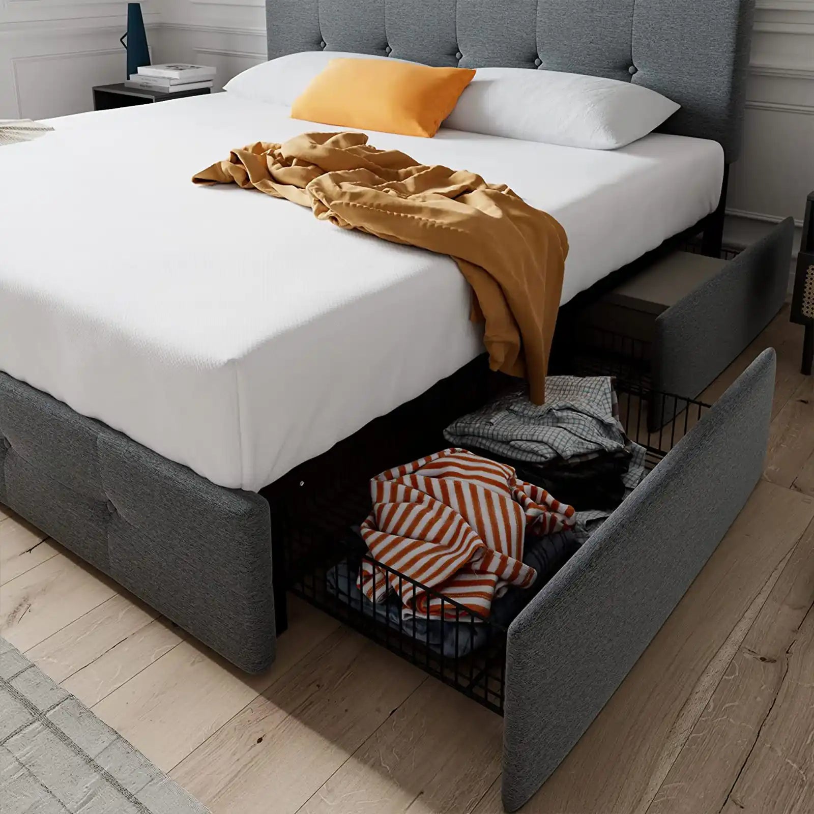 Estructura de cama con plataforma con 4 cajones de almacenamiento y cabecera ajustable