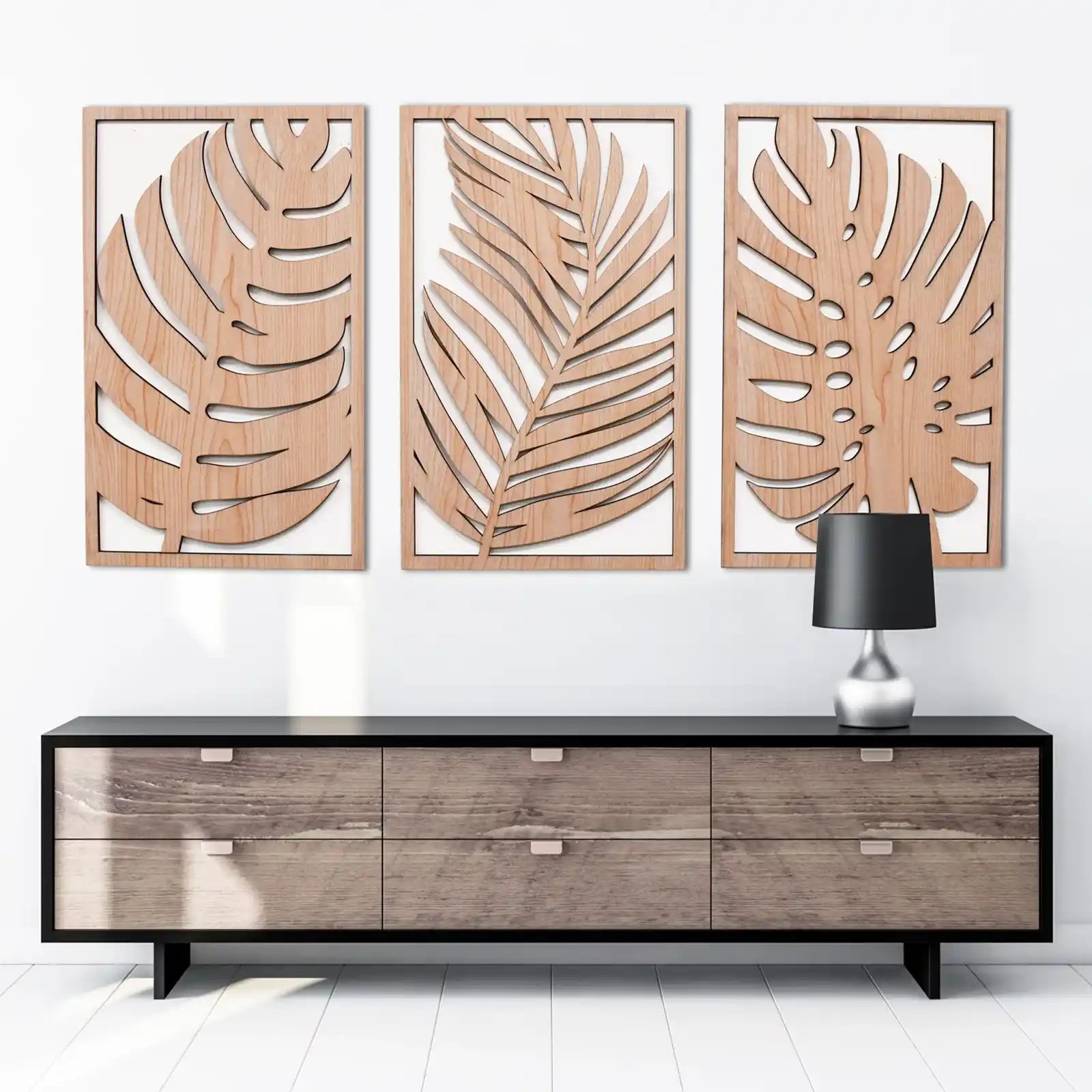 Tropical Leaves Wood Wall Art, 3 Panel Set, Monstera Wooden Leaf Wall Decor, Plant Themed Artwork, Boho, Modern Farmhouse Gift