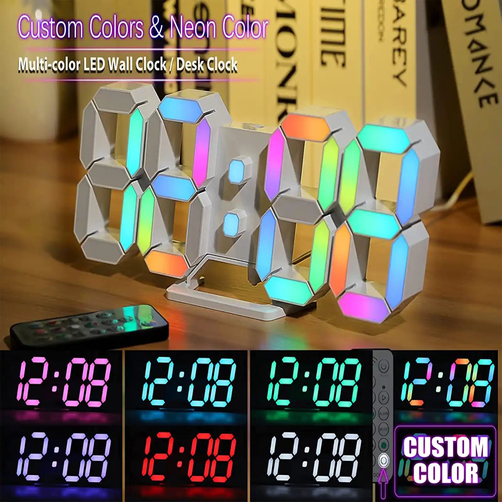 Digital Clock 3D LED Wall Clock 9.7" Bedside Clock for Bedroom Living Room Office Classroom Night Light Auto/Custom Brightness, Temperature, Remote Control