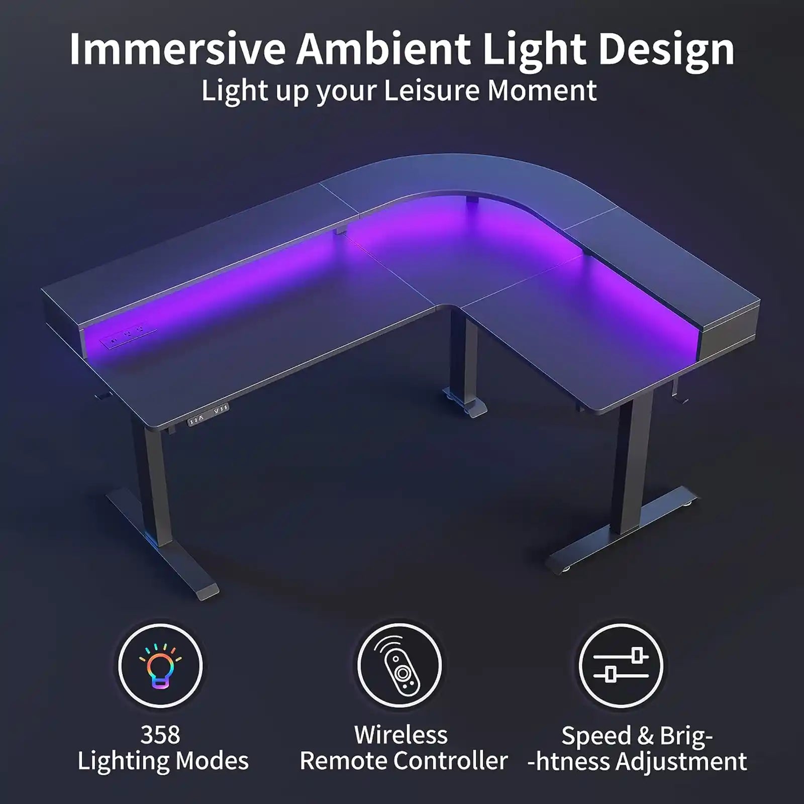 Escritorio de pie ajustable en forma de L con tira LED y tomas de corriente, escritorio de esquina de pie ajustable de 63 pulgadas de altura con soporte ergonómico para monitor 