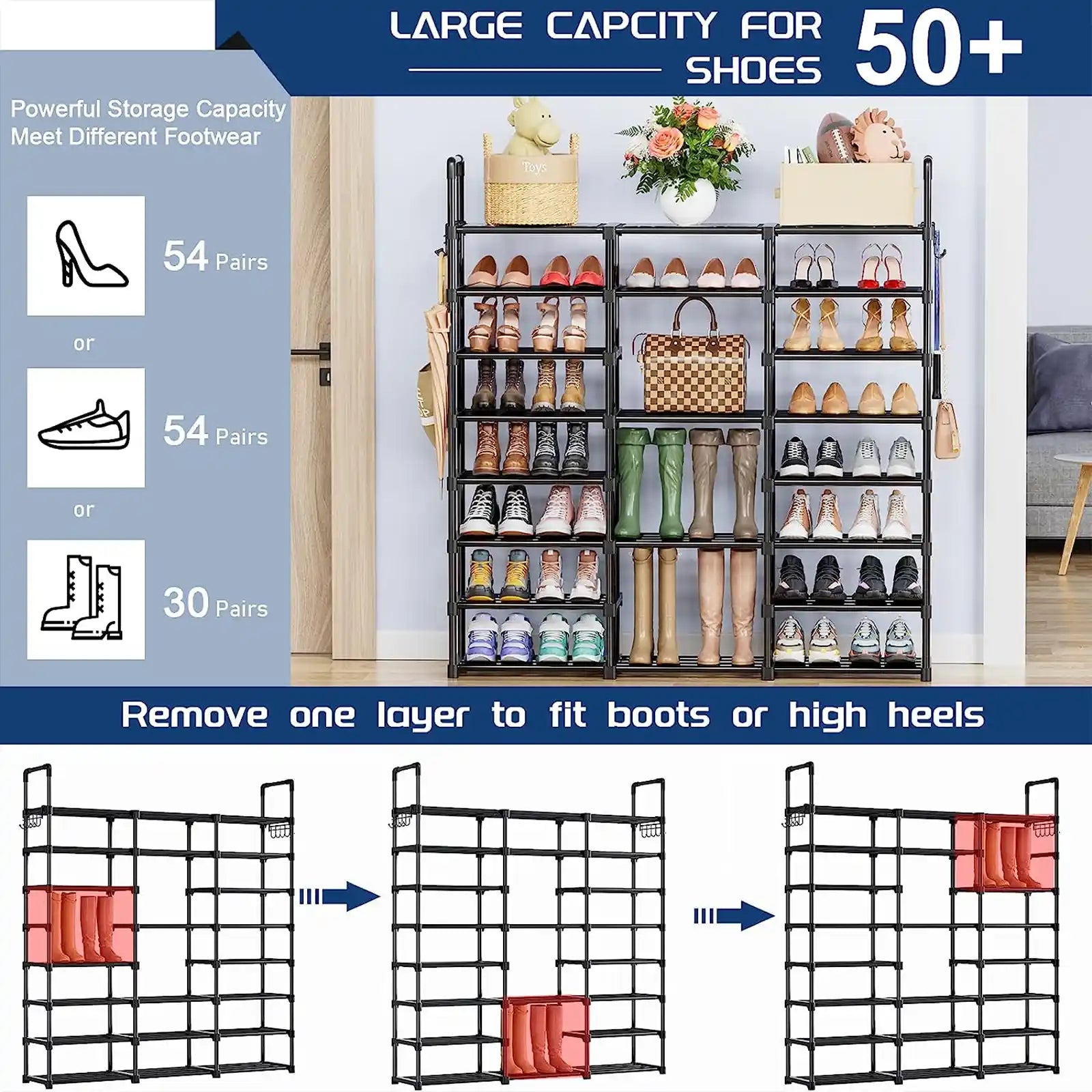 Organizador de zapatos de metal, estante de almacenamiento para zapatos de 8 niveles de altura, 40-45 pares de estantes para botas grandes verticales, zapateros apilables para entrada, armario, garaje, dormitorio, guardarropa 