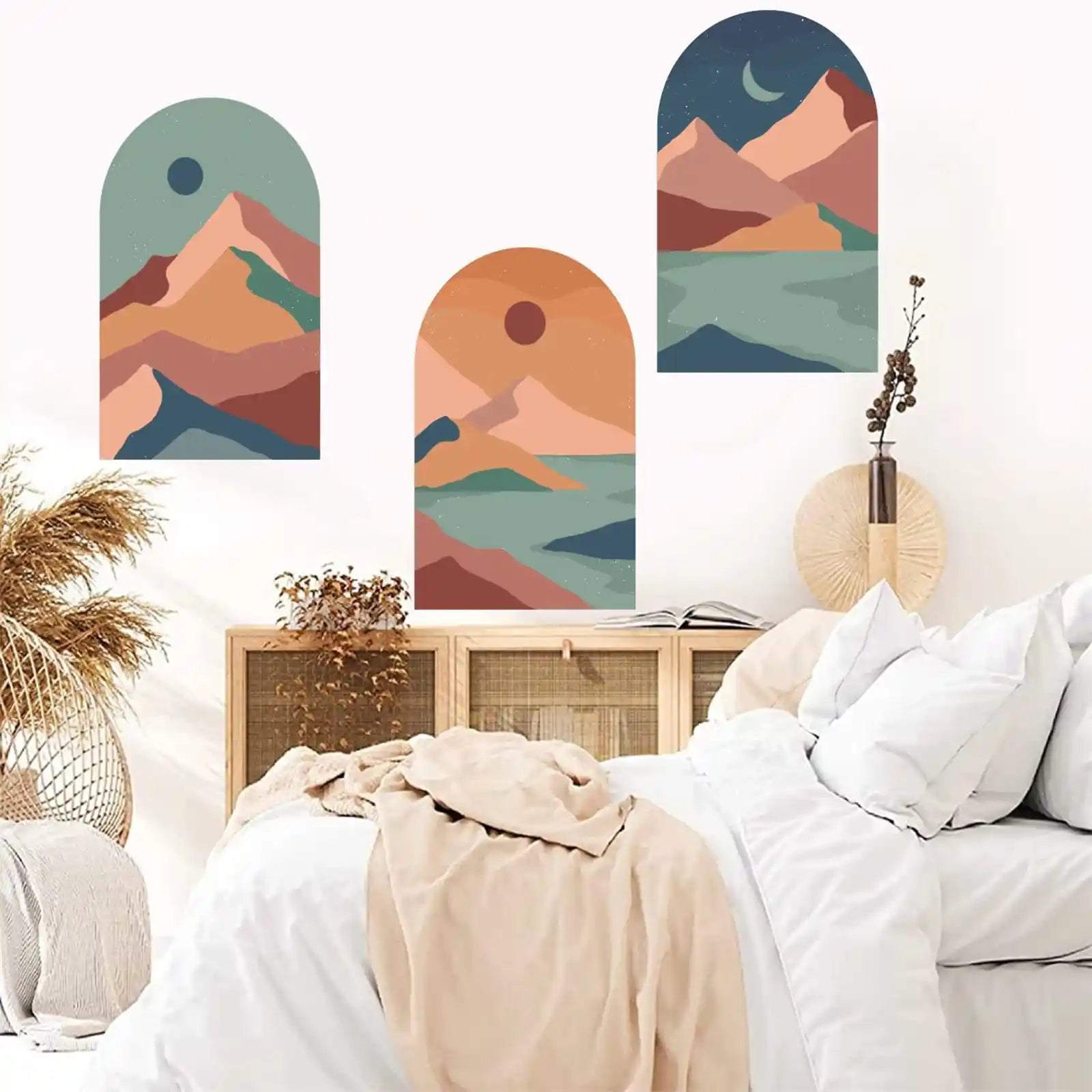 Boho Wall Decal,Arch Wall Stickers,Boho Style Wall Sticker,Modern Living Room Wall Art,Sun Moon Mountain Stickers,Mid Century Wall Art Mural