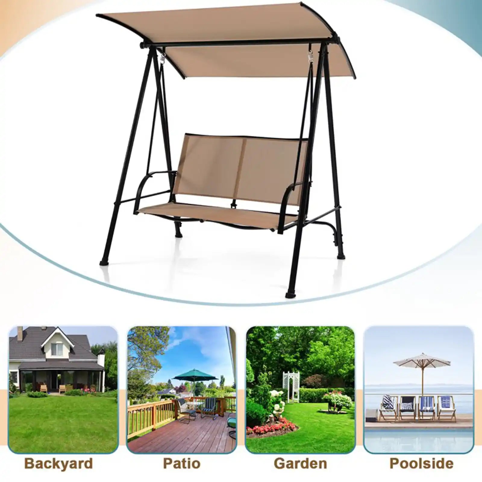 2-Seat Patio Swing Porch Swing with Adjustable Canopy for Garden