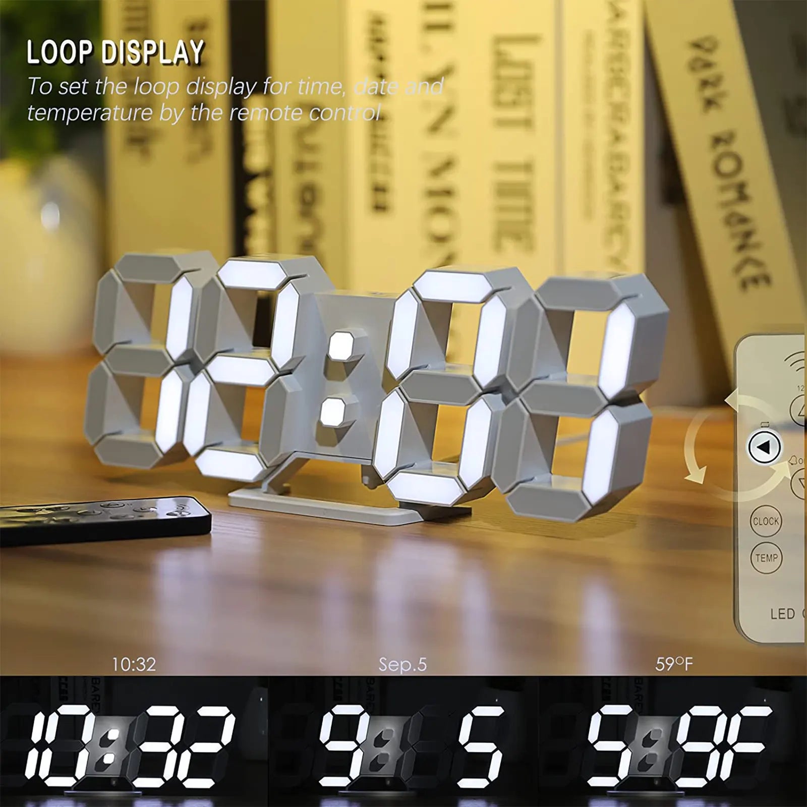 Digital Clock 3D LED Wall Clock 9.7" Bedside Clock for Bedroom Living Room Office Classroom Night Light Auto/Custom Brightness, Temperature, Remote Control