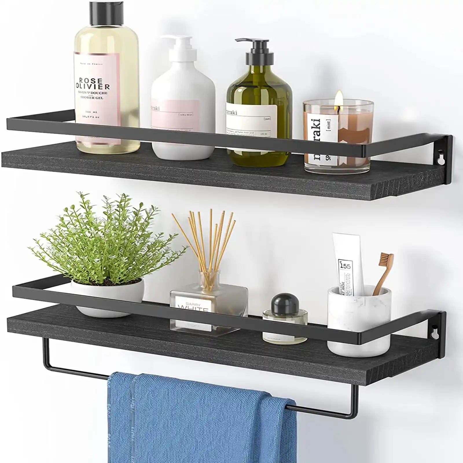 Floating Shelves Wall Mounted, Wall Shelves for Bathroom, Kitchen, Bedroom, Storage Shelf with Towel Bar, Set of 2
