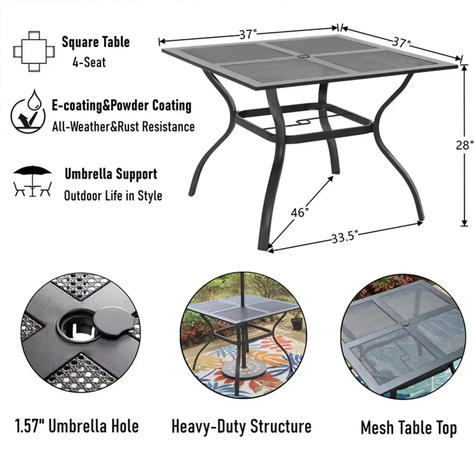 Mesa de comedor cuadrada de metal para exterior con orificio para sombrilla, negro 