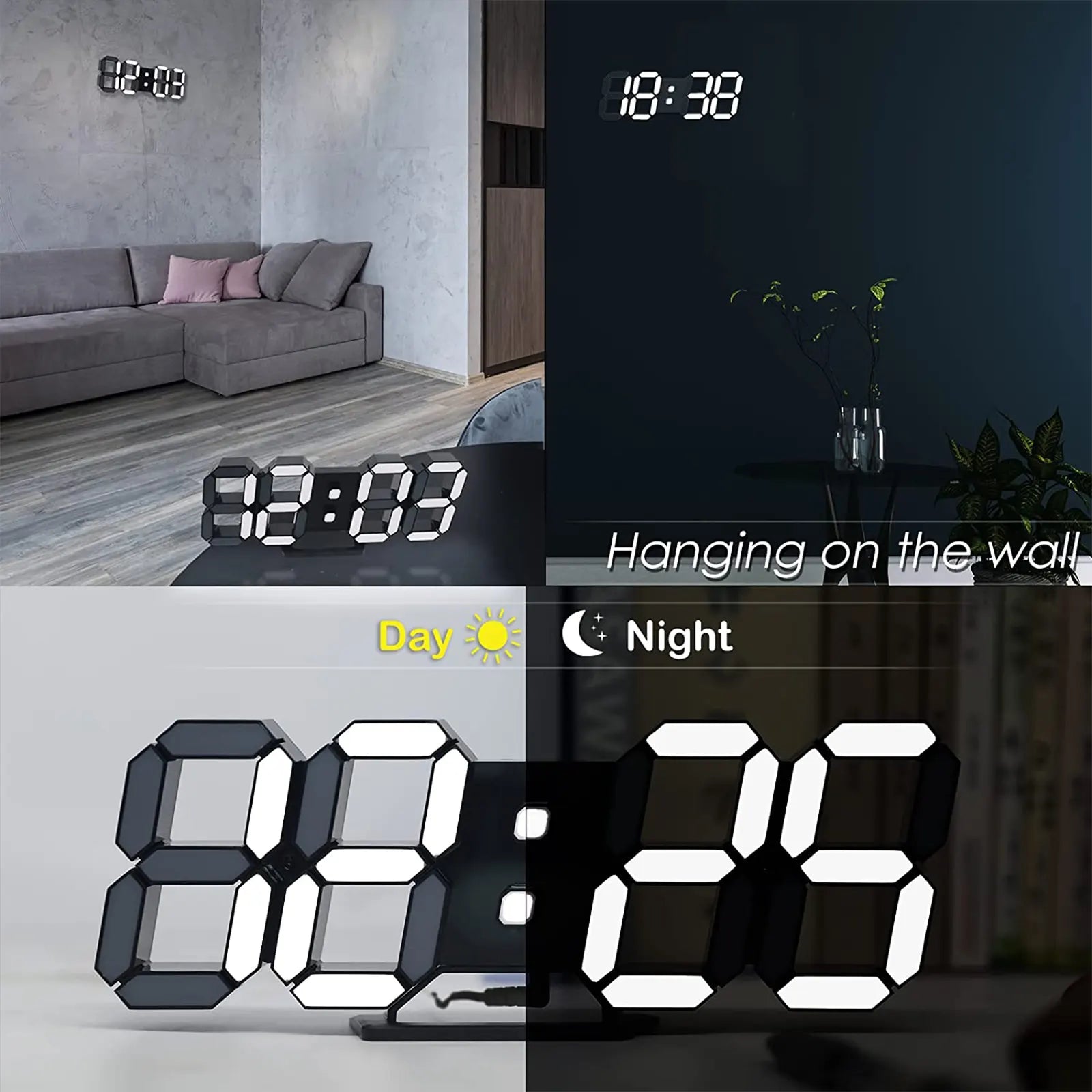 Digital Clock 3D LED Wall Clock 9.7" Bedside Clock for Bedroom Living Room Office Classroom Night Light Auto/Custom Brightness, Temperature, Remote Control