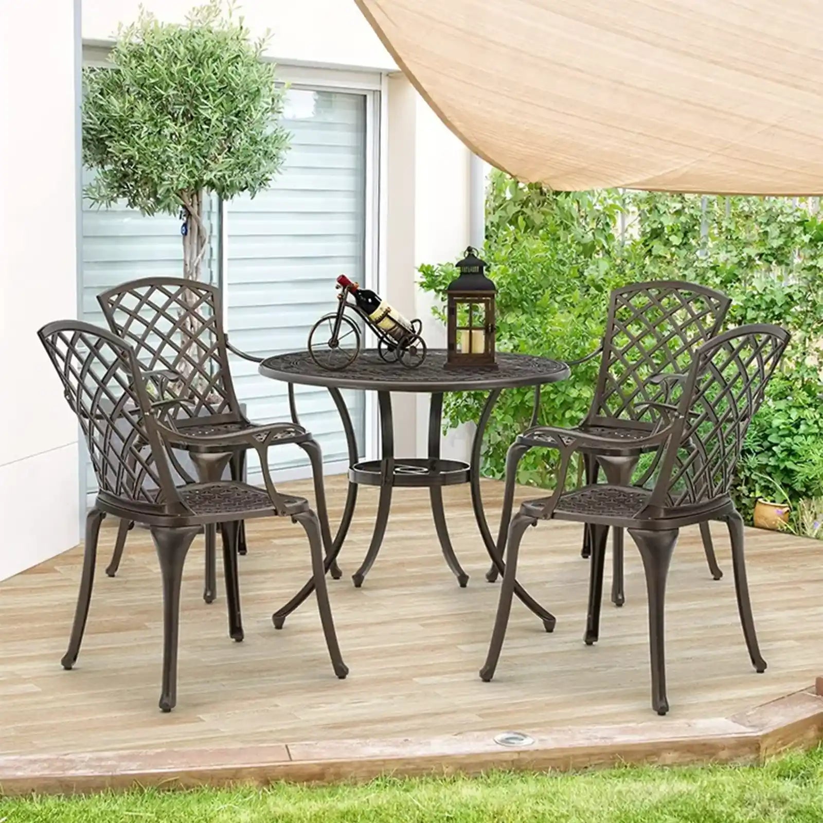 Juego de comedor para patio de 5 piezas, juego de conversación de muebles de exterior de aluminio fundido con mesa redonda