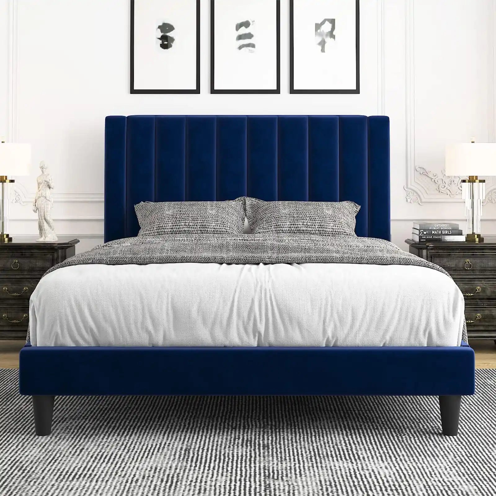 Velvet Upholstered Bed Frame with Vertical Channel Tufted Headboard