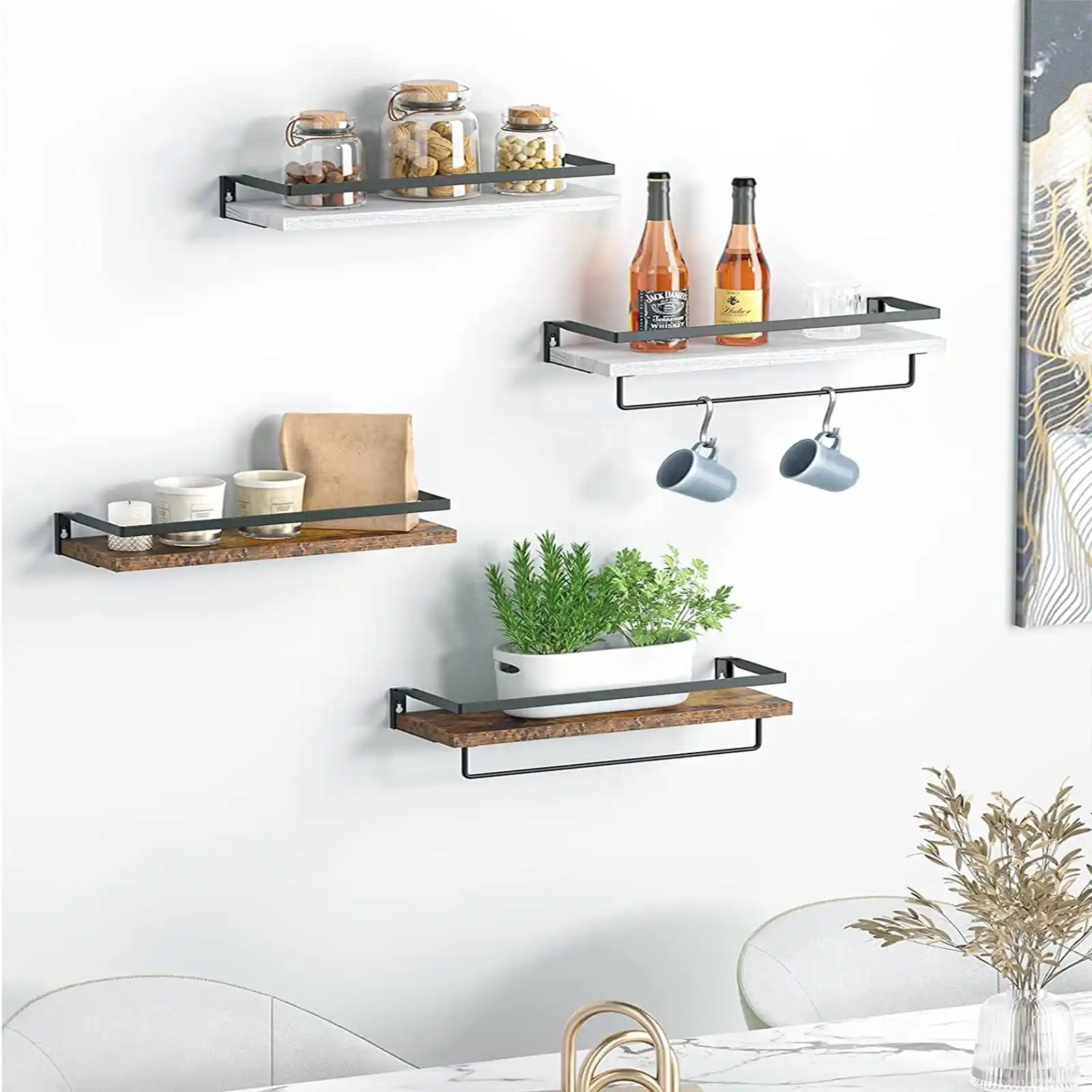 Floating Shelves Wall Mounted, Wall Shelves for Bathroom, Kitchen, Bedroom, Storage Shelf with Towel Bar, Set of 2