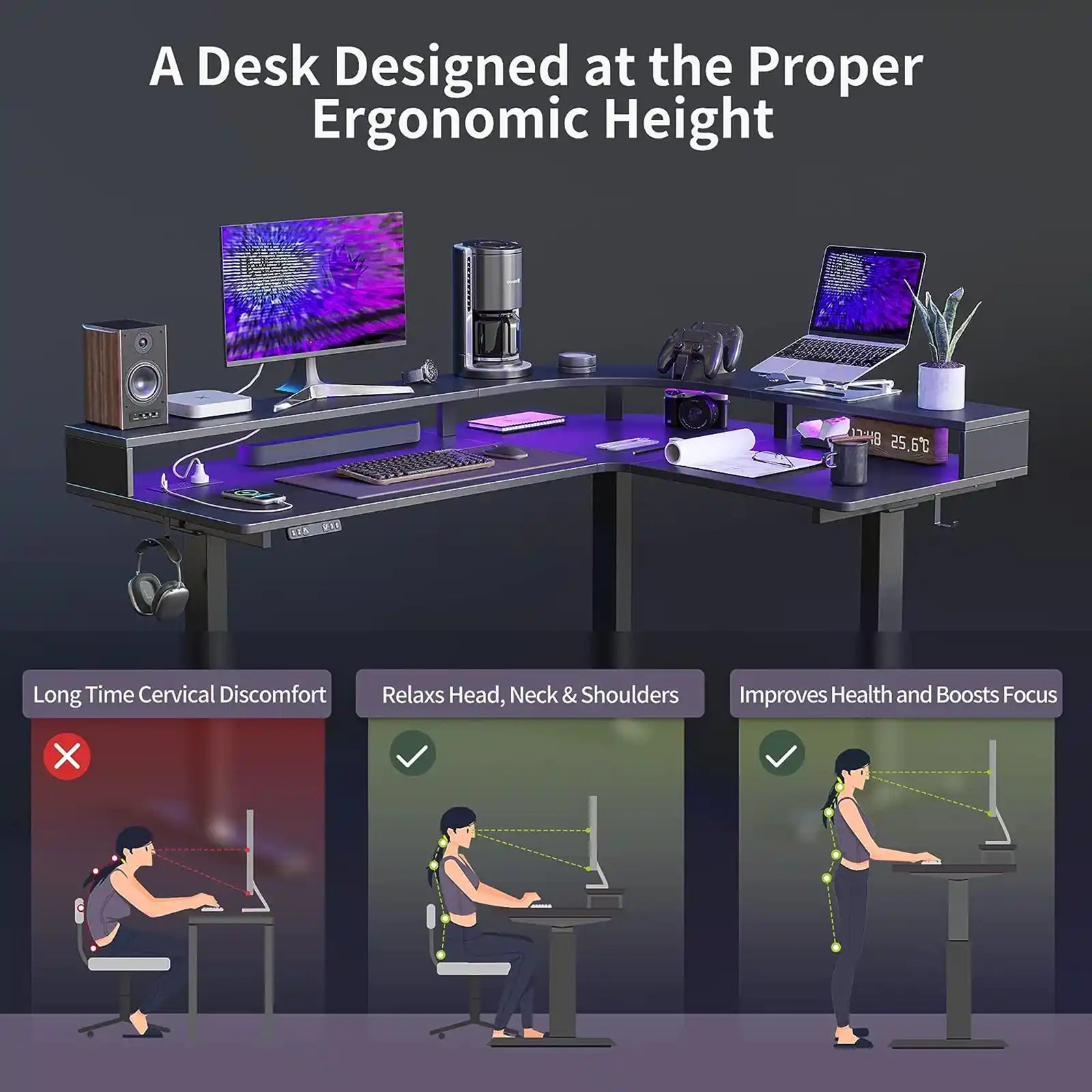 Escritorio de pie ajustable en forma de L con tira LED y tomas de corriente, escritorio de esquina de pie ajustable de 63 pulgadas de altura con soporte ergonómico para monitor 