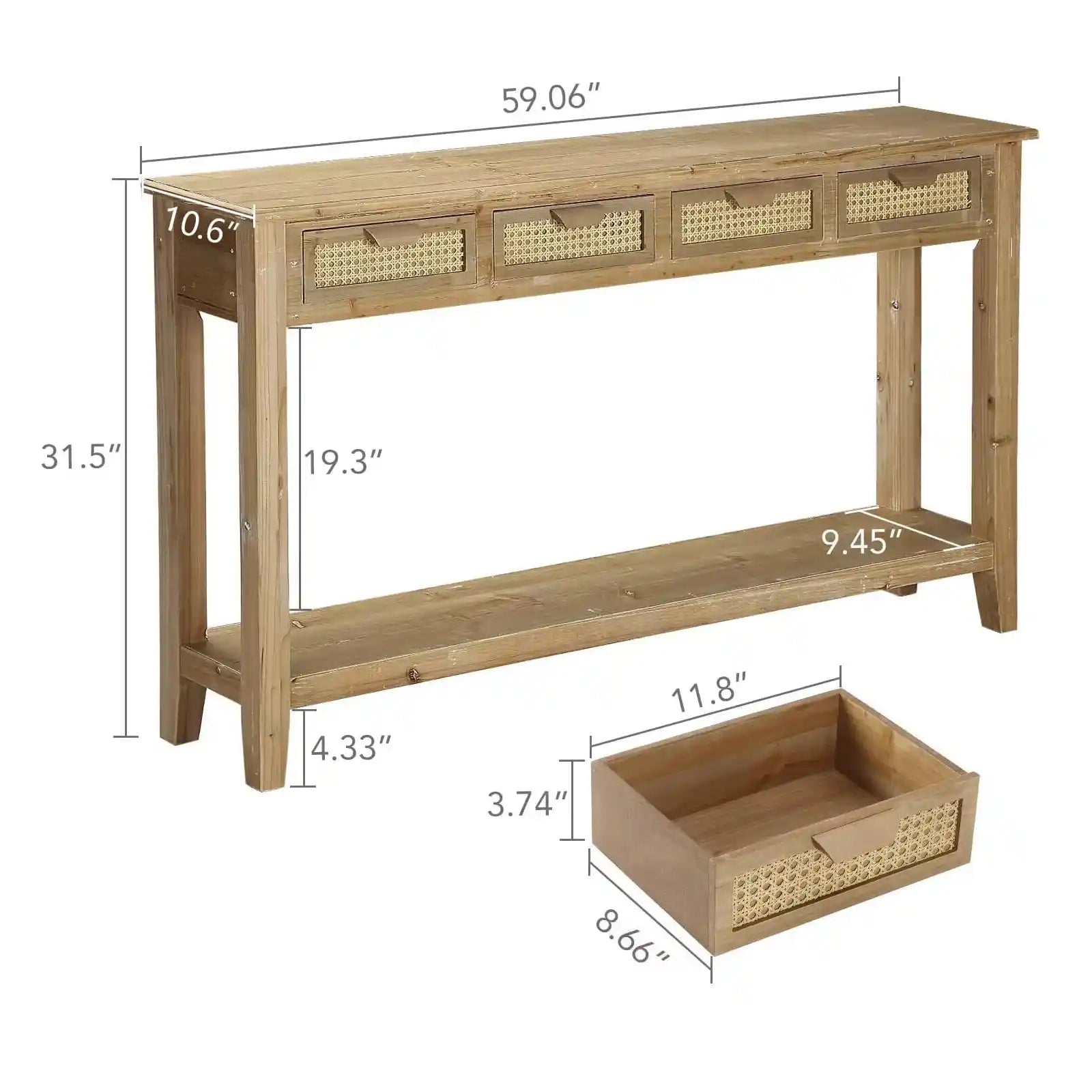 Mesa consola estilo granja con 4 cajones de ratán, mesas de sofá estilo bohemio estrechas de 60 pulgadas de largo con estantes de almacenamiento abiertos para entrada, pasillo, sala de estar, natural 