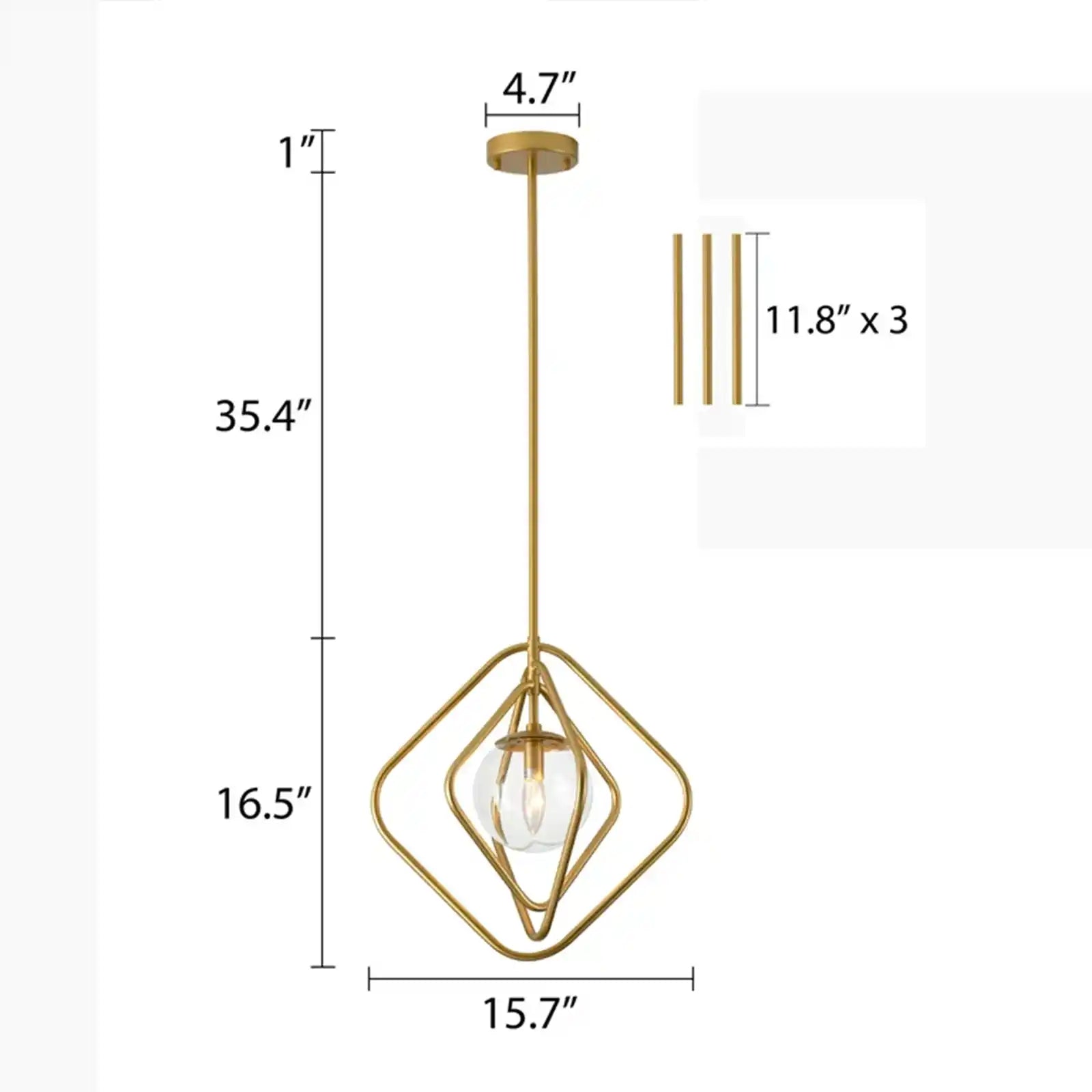 Lámpara colgante moderna con forma de farol dorado con marcos cuadrados