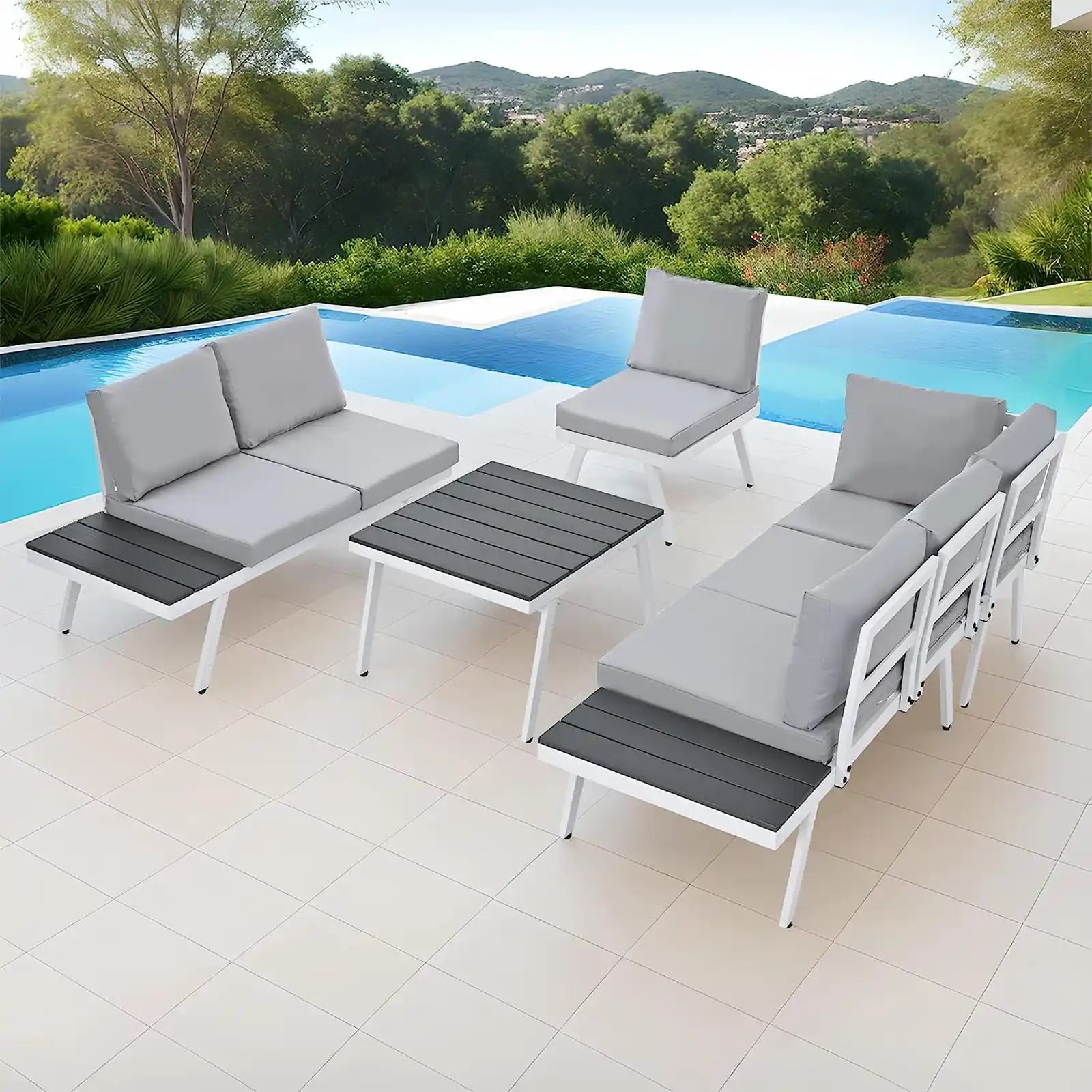 Industrial 5-Piece Aluminum Outdoor Patio Furniture Set, Modern Garden Sectional Sofa Set with End Tables, Coffee Table and Furniture Clips for Backyard