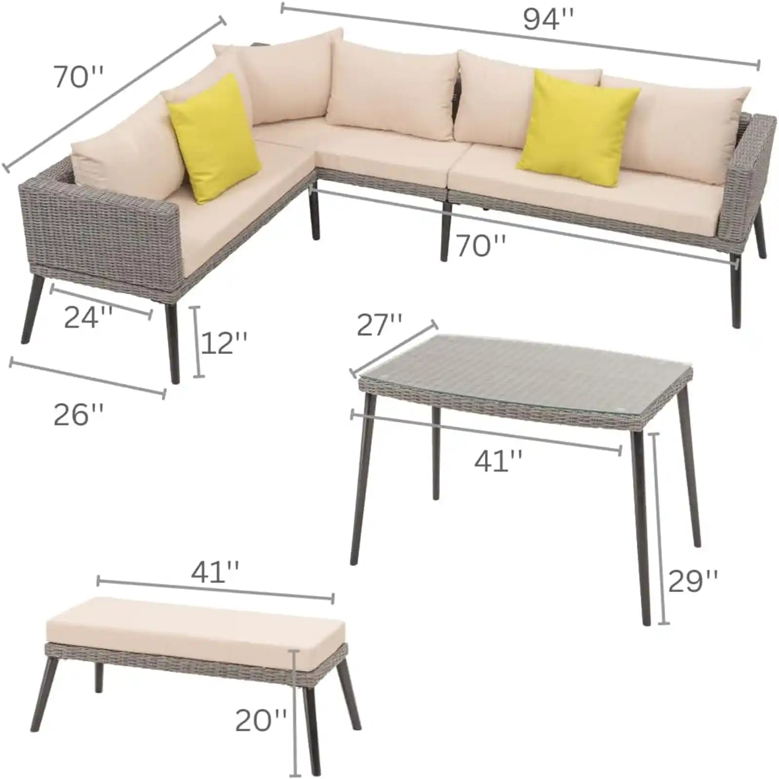 Outdoor Sectional with Dining Table, Patio Furniture Set, Tempered Glass Table Top, Rattan Outdoors Conversation Sets for Balcony, Garden Lawn, Sunroom, Modern Wicker Porch Sofa Table