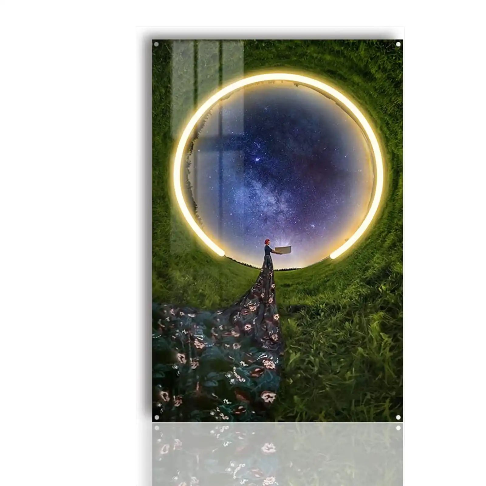 Wall Art for Living Room Frameless Glass Starry Sky Painting With LED Light for Wall Decor The Earth Space and Beauty Girl Create Modern Vibes for Home, Office, Bedroom, Coffe Shop Ready to Hang