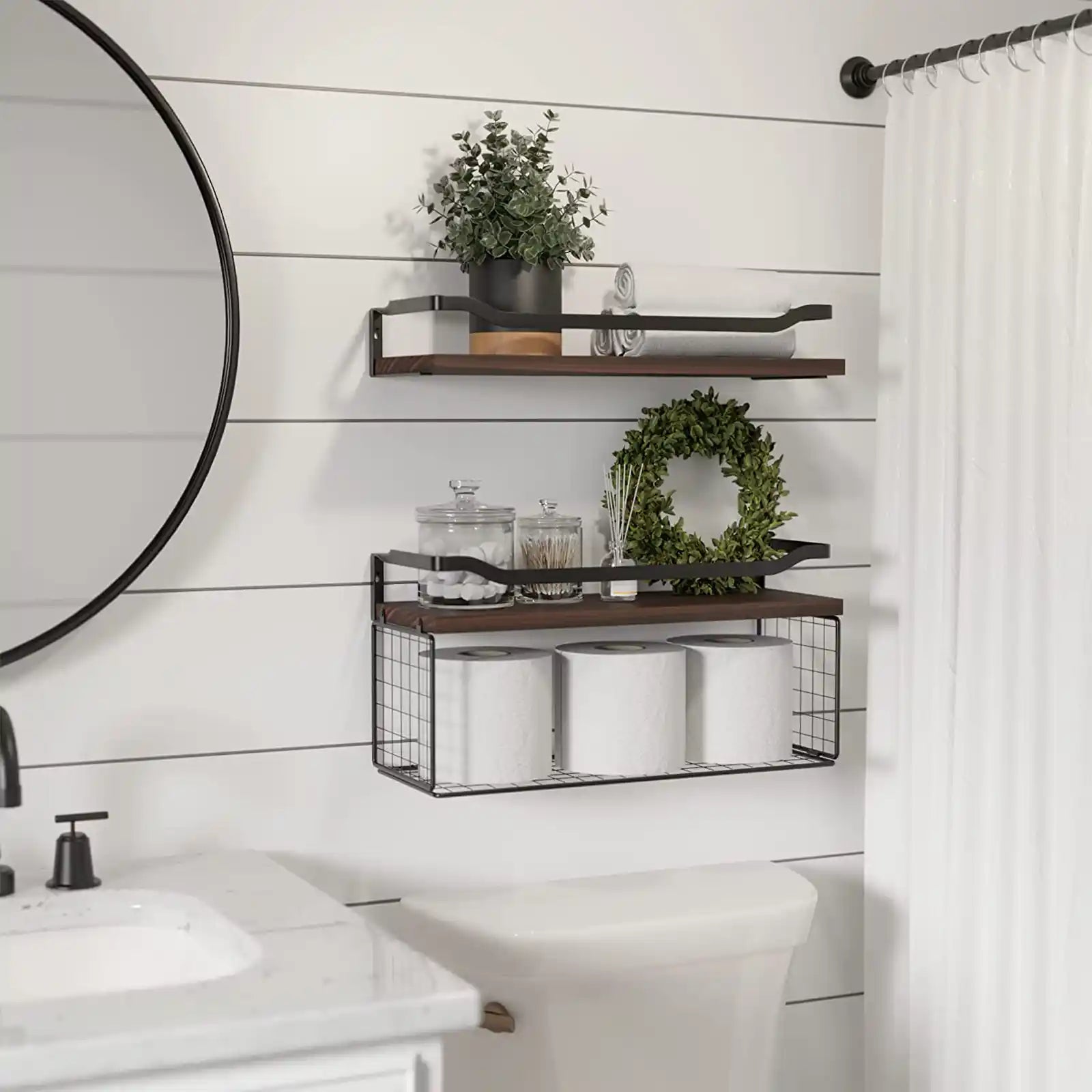Floating Shelves with Wire Storage Basket, Bathroom Shelves Over Toilet with Protective Metal Guardrail, Wood Wall Shelves for Bathroom, Bedroom, Living Room, Toilet Paper