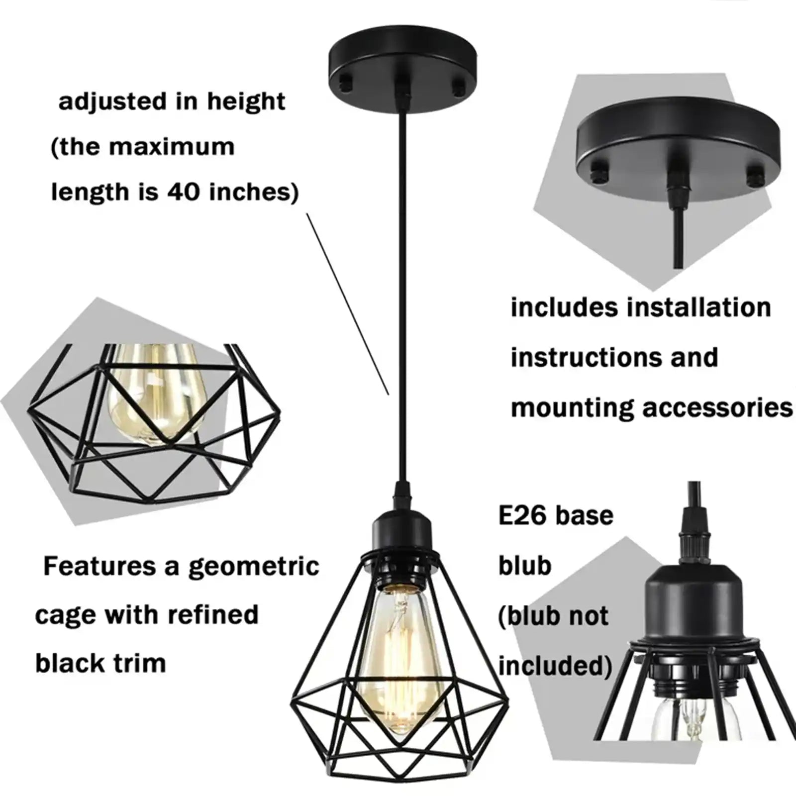 Black Pendant Lights 2 Pack Industrial Hanging Light Fixtures Pendant Lighting for Kitchen Dining Room Bedroom