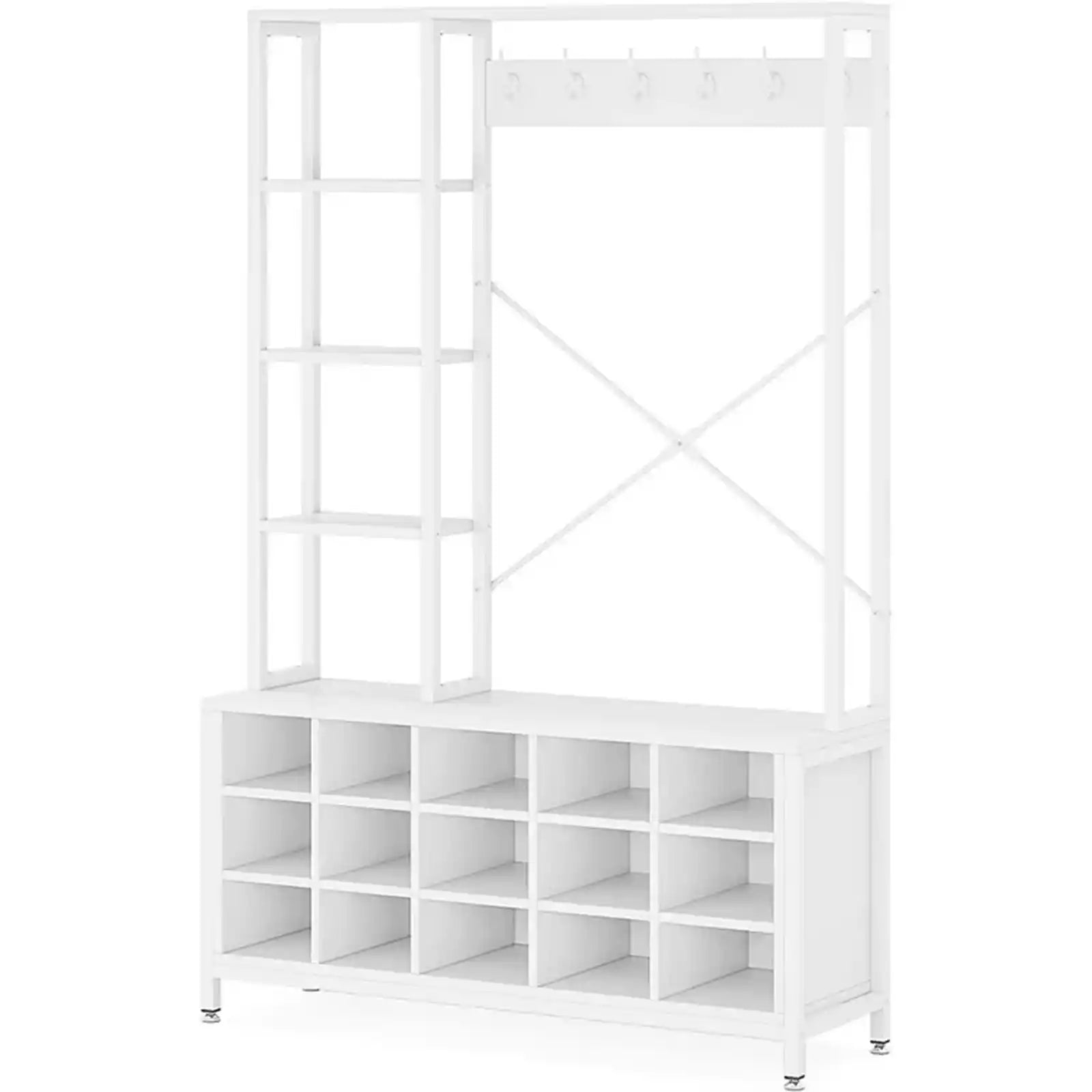 Entryway Hall Tree with Shoe Bench & Coat Rack, Modern Mudroom Bench with Shoe Storage and Coat Rack Hooks, White