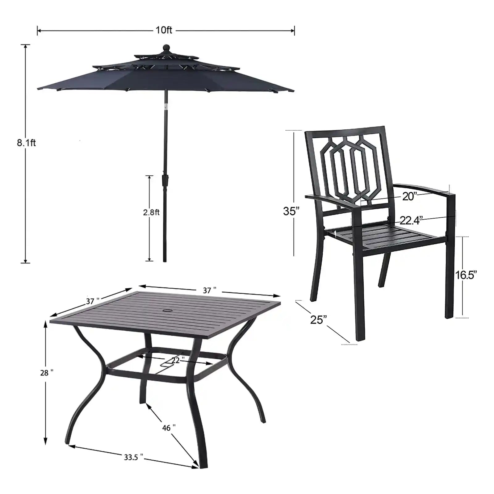 Juego de comedor para patio, 6 piezas con sombrilla, 1 mesa cuadrada de metal, 4 sillas apilables de metal para exteriores y sombrilla de inclinación automática de 3 niveles de 10 pies 