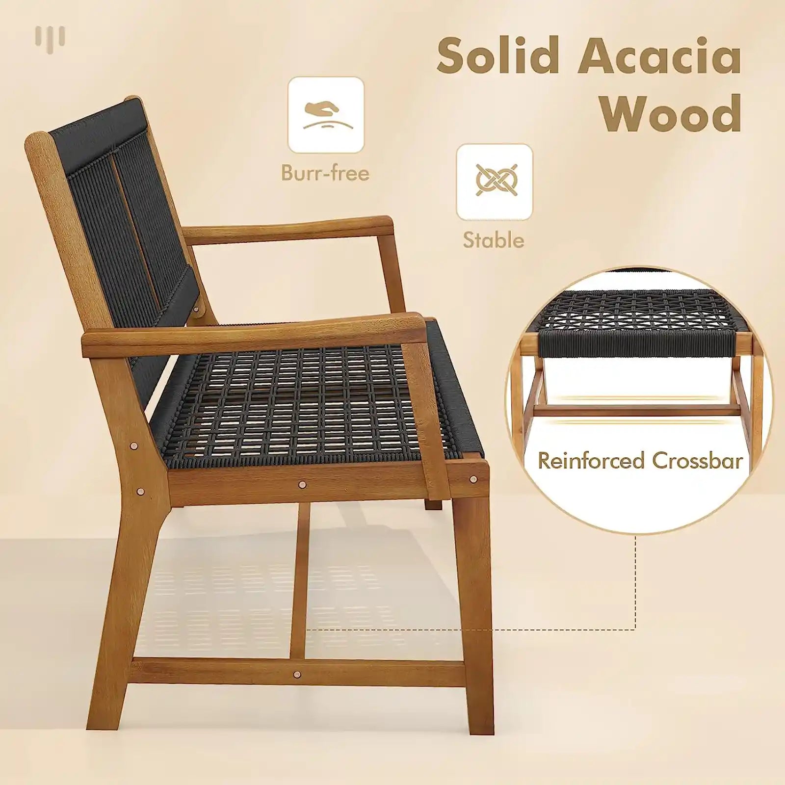 Juego de 4 sillas de comedor de madera de acacia para exteriores, sillas de patio tejidas con cuerda para todo tipo de clima, con reposabrazos, sillones de exterior para patio, césped, jardín, patio trasero 