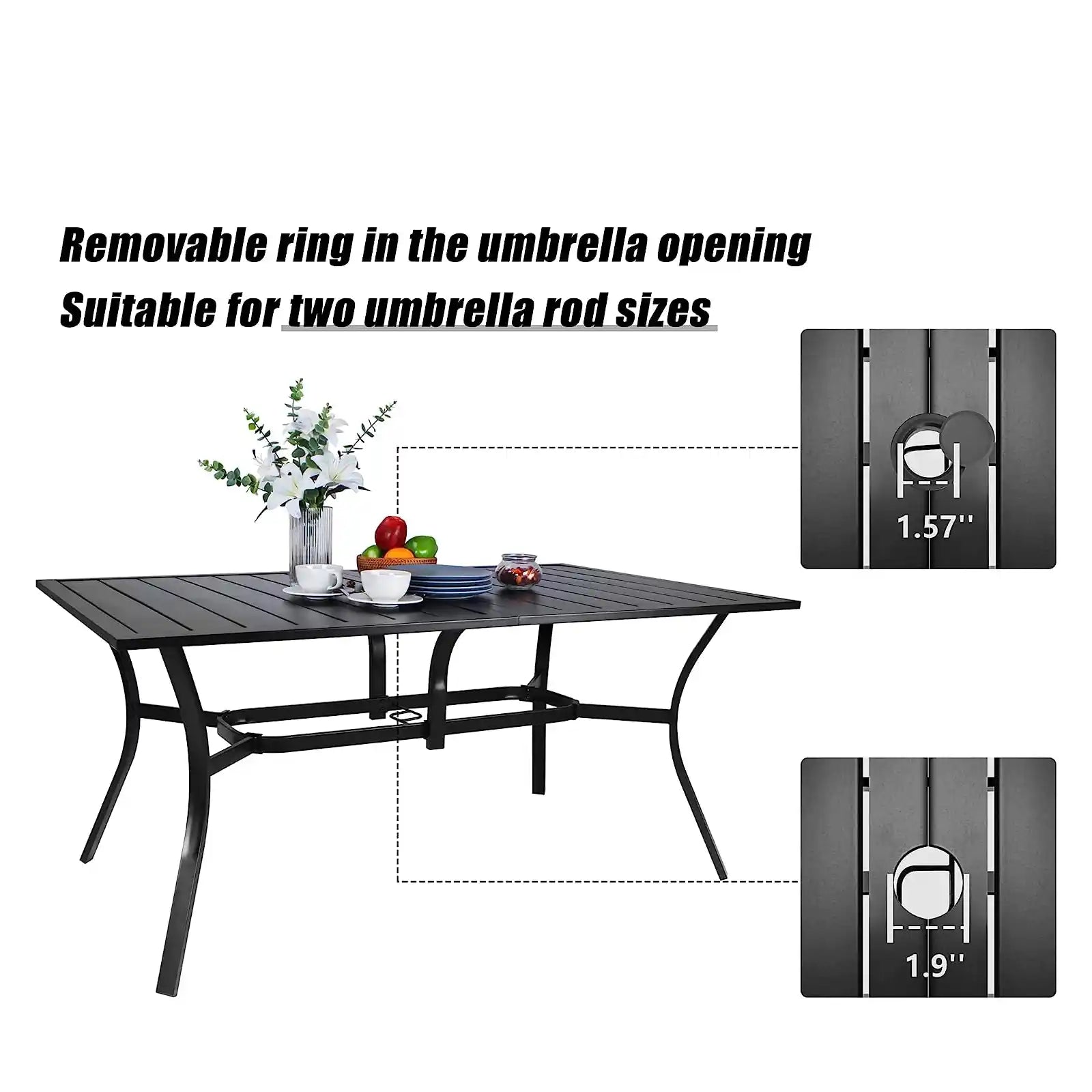 Outdoor Table 63" Patio Metal Steel Classic Rectangle Black Dining Table